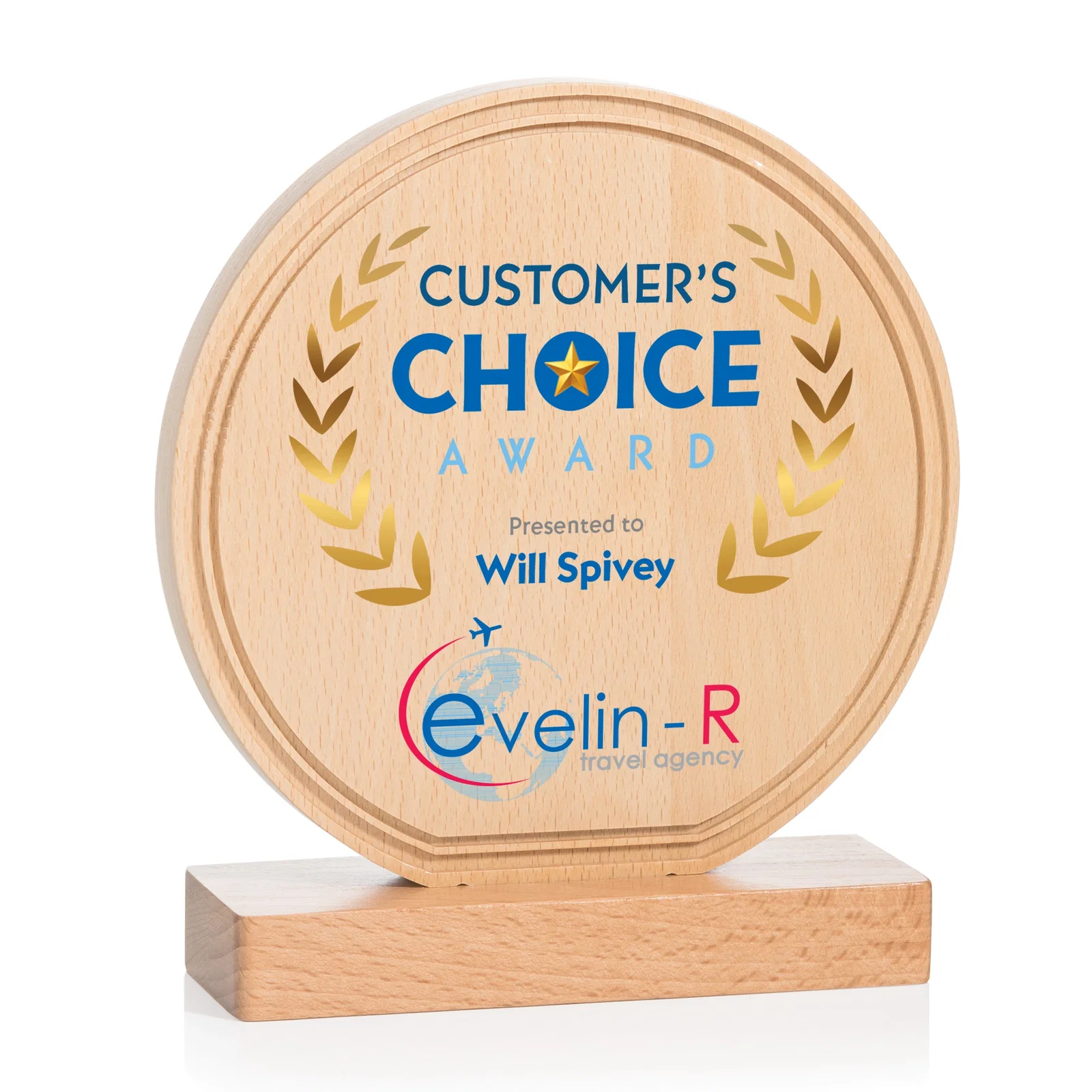 Custom Beechwood Circle Award with Lined Groove Edge for company anniversary events