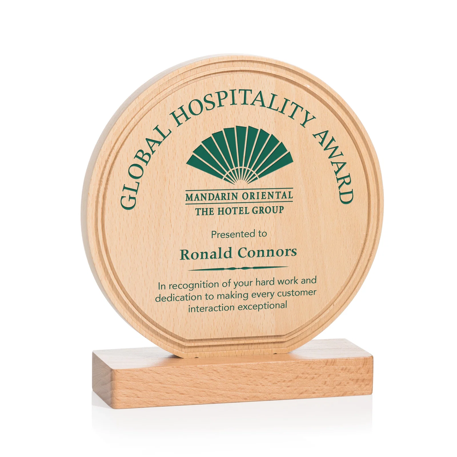 Custom Beechwood Circle Award with Lined Groove Edge for donor appreciation