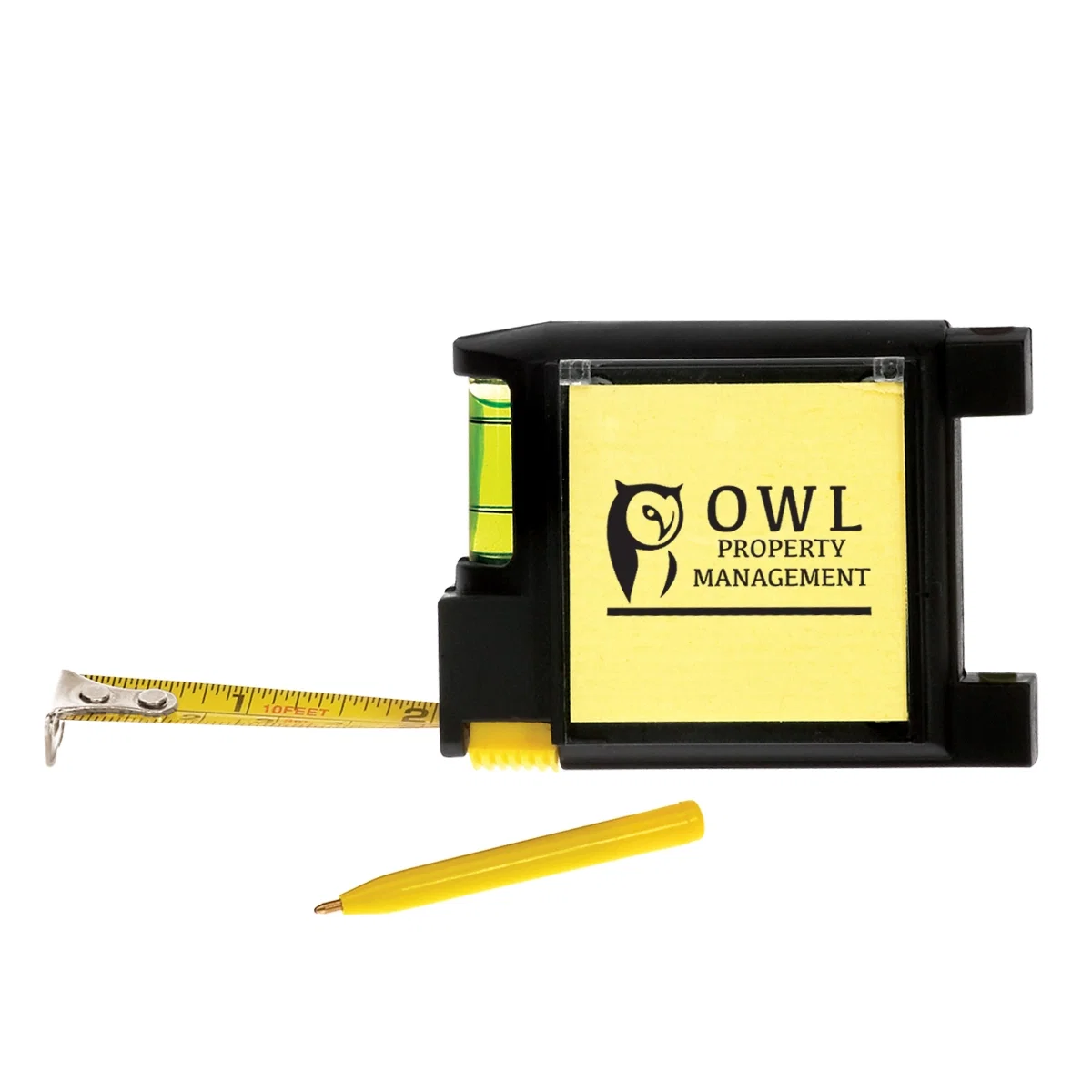Black tape measure with several built in tools, shown closed