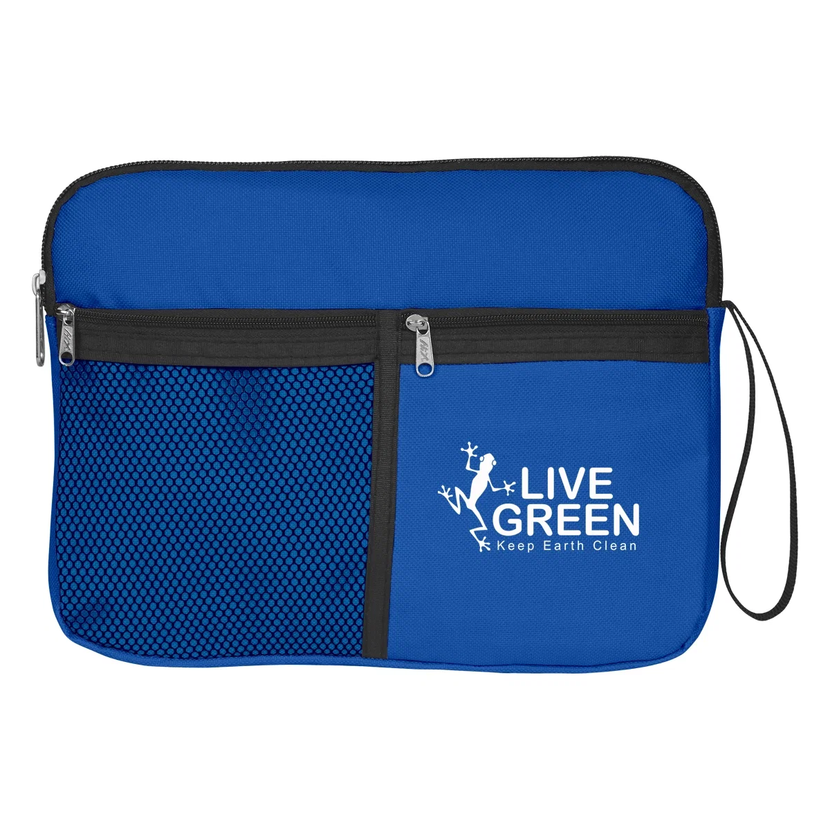 Slim personal carrying bag with a flat profile and zip closure
