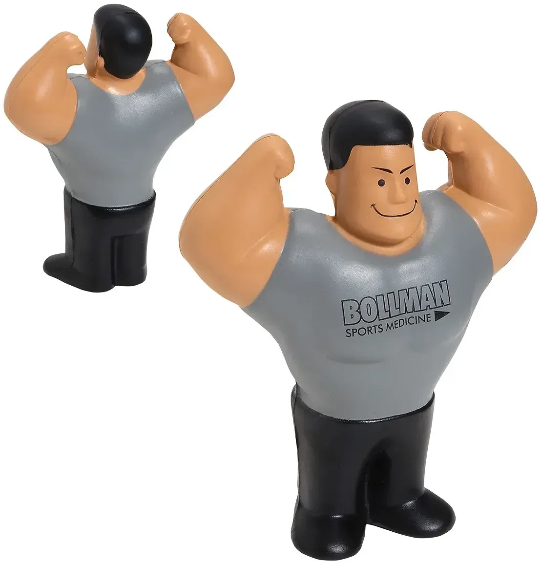 Bodybuilder-shaped custom stress reliever squeeze toy with logo branding, front view
