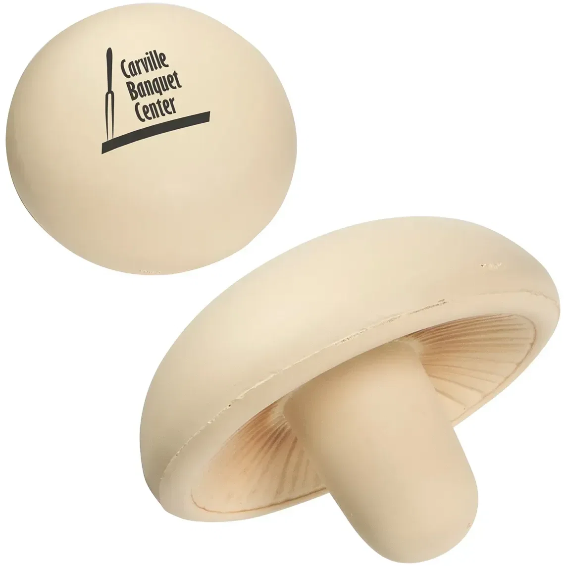 Custom Mushroom Stress Reliever, branded button mushroom squeeze toy for garden centers and nature programs, promotional
