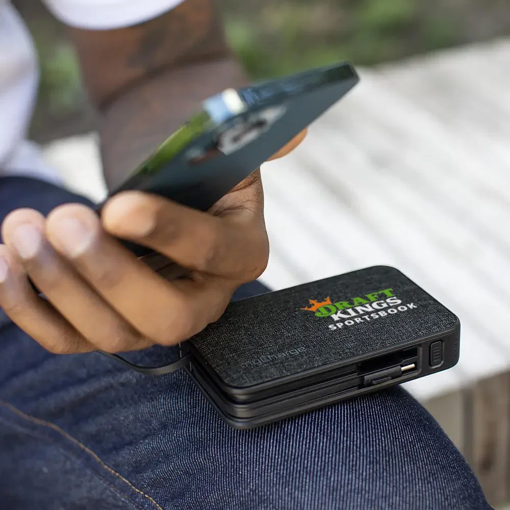 myCharge Powerhub Ultra 10,000mAh Everything Built in Portable Charger held in hand