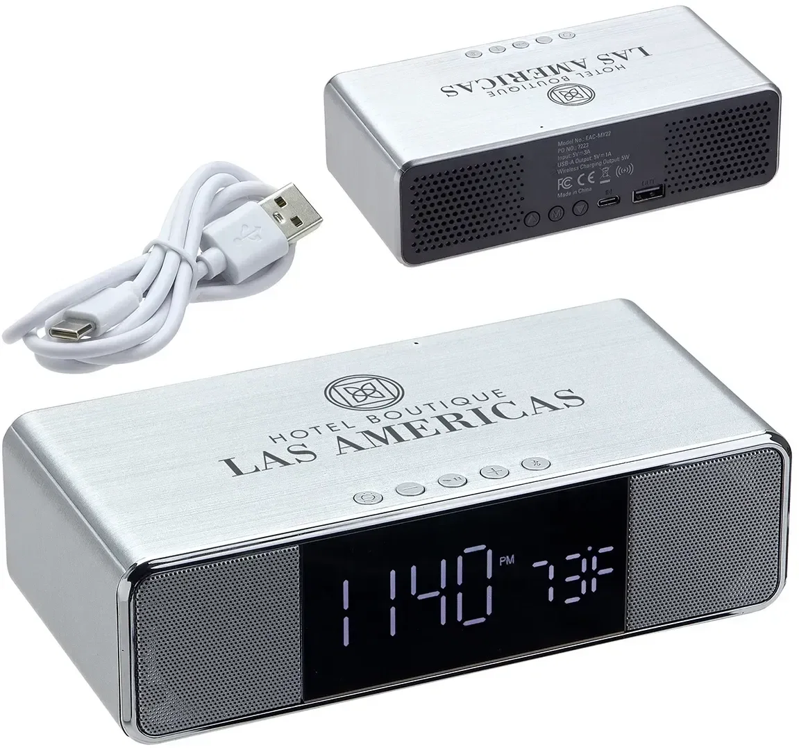 Mystic wireless alarm clock charger and speaker, custom branded promotional desk device, front view