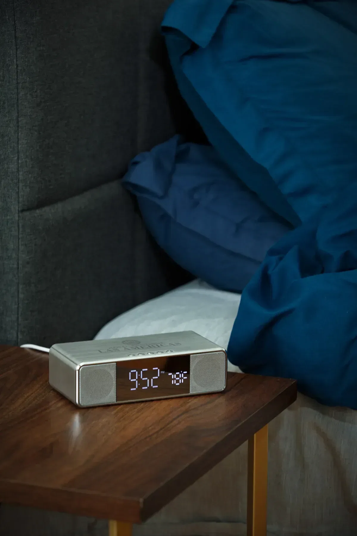 Custom logo Mystic wireless charger, alarm clock display close-up
