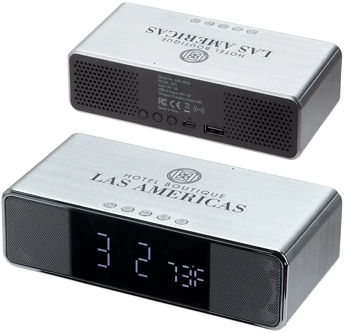 Mystic wireless alarm clock speaker, custom logo imprint area detail