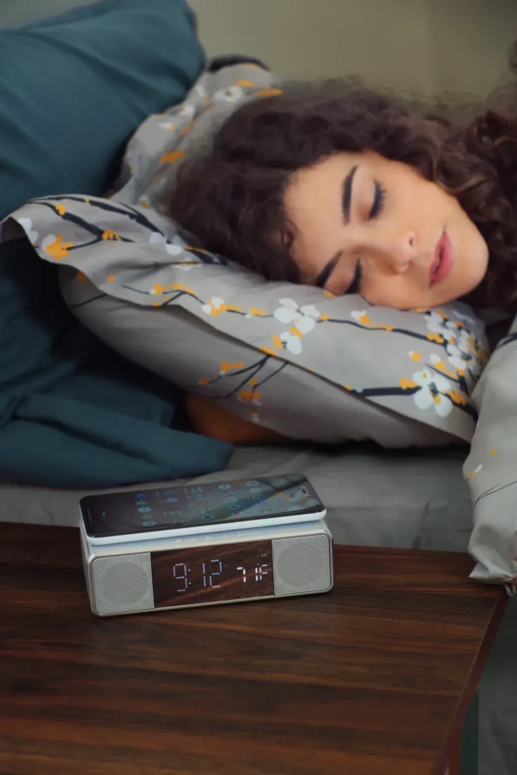 Mystic Wireless Alarm Clock Charger & Speaker shown in a real setting
