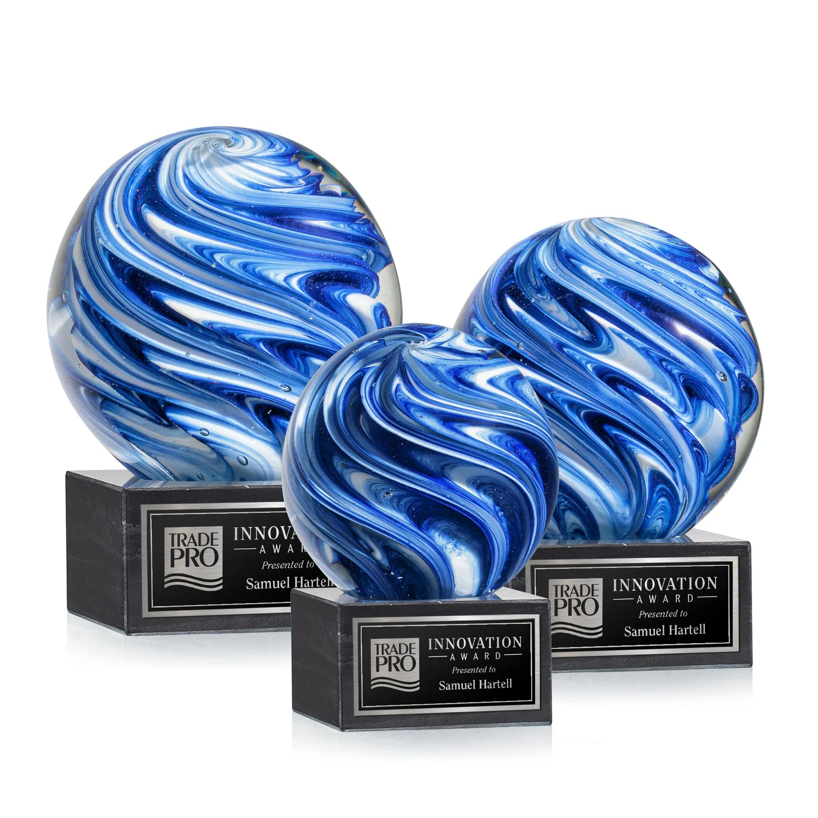 Custom Blue and White Marbled Glass Sphere Award for employee recognition