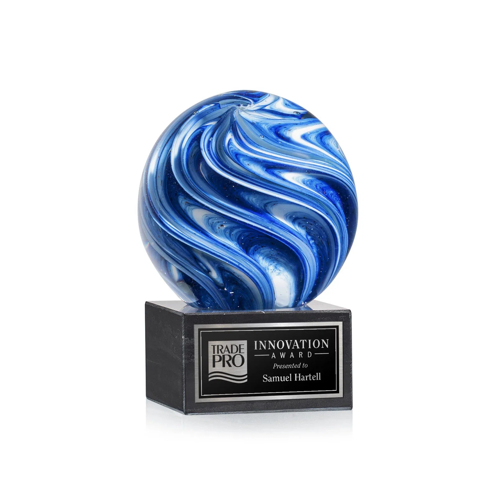 Custom Blue and White Marbled Glass Sphere Award for corporate award ceremonies