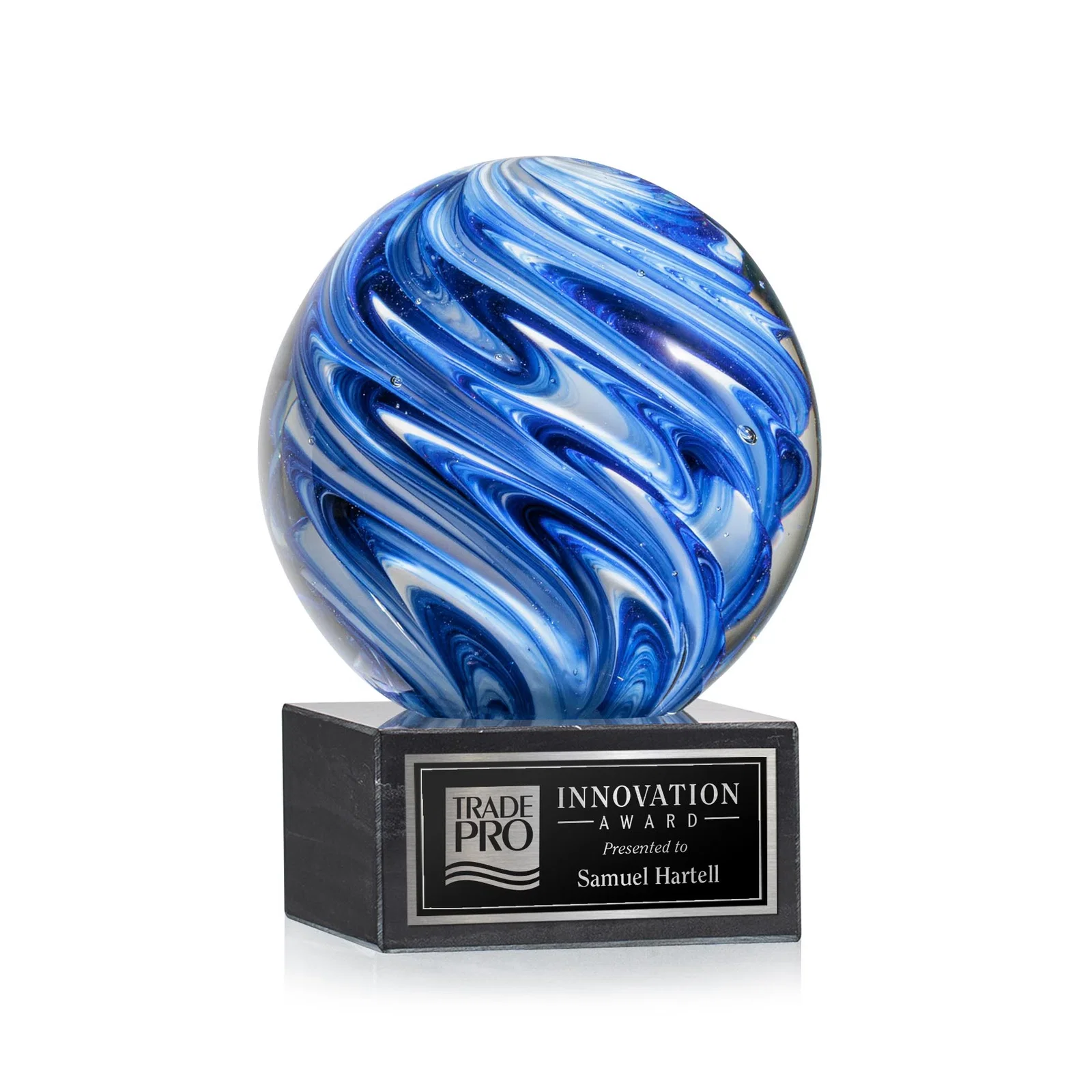 Custom Blue and White Marbled Glass Sphere Award for service anniversary gifts