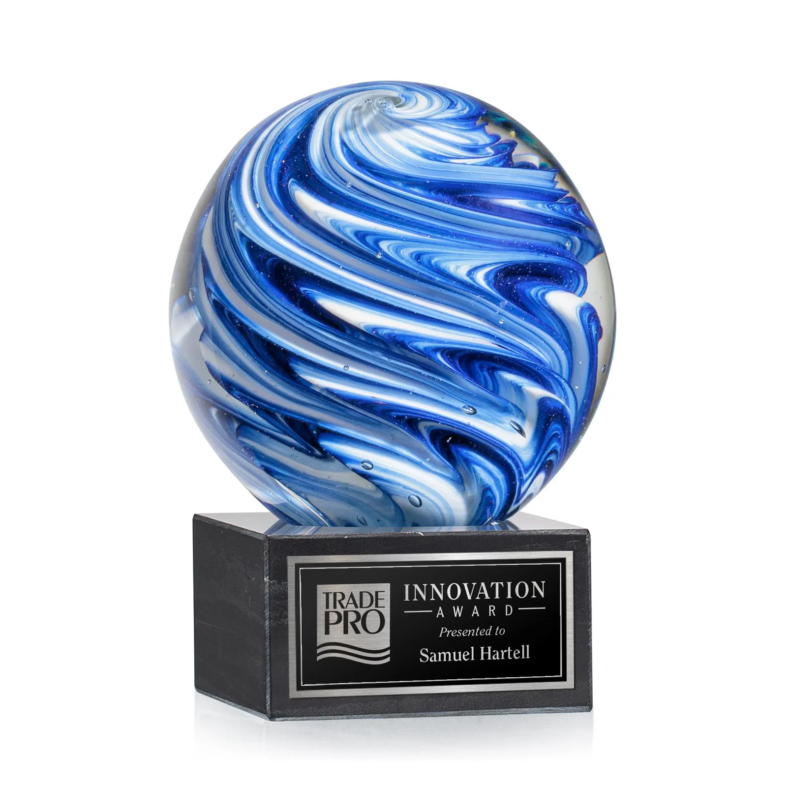 Custom Blue and White Marbled Glass Sphere Award for sales achievement awards