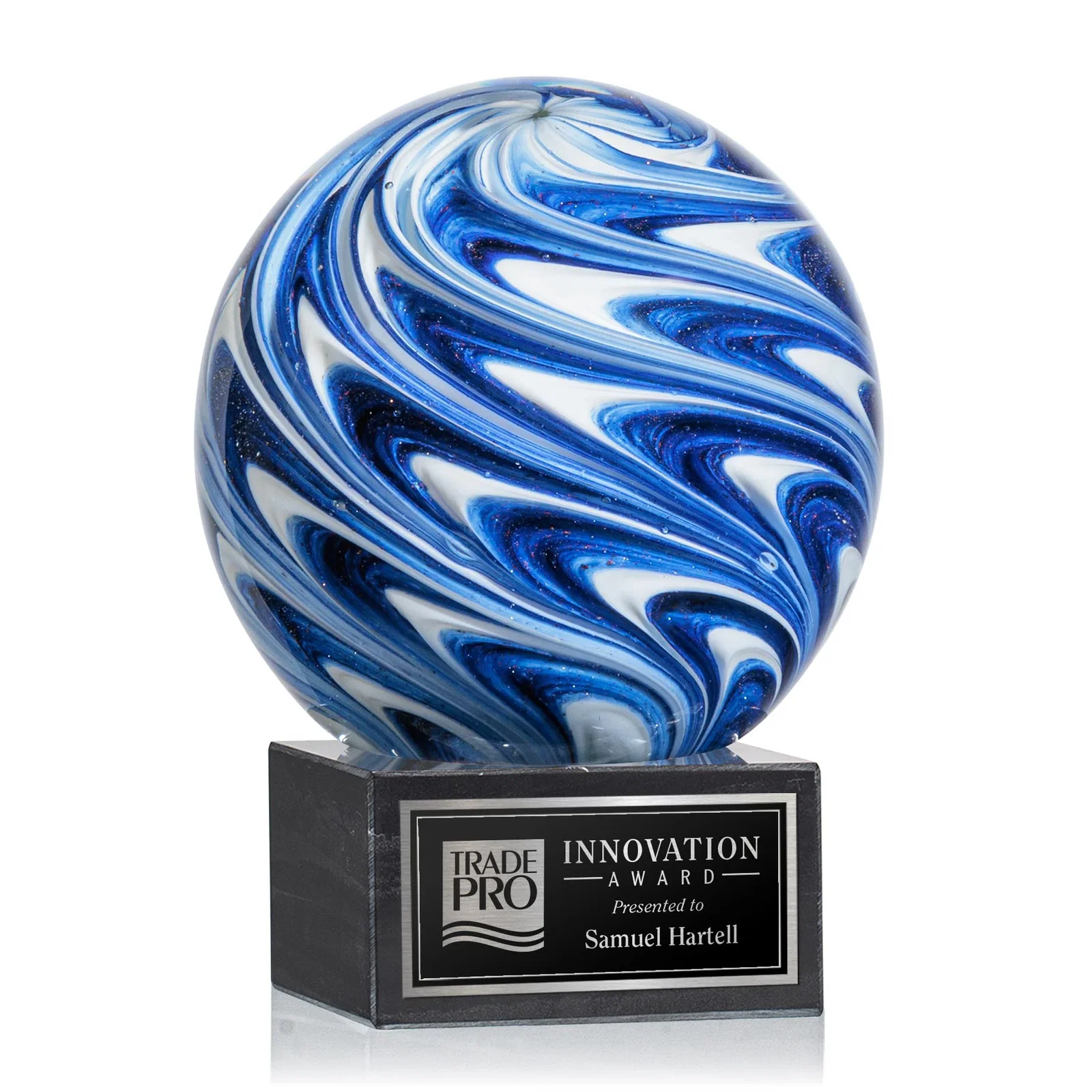 Custom Blue and White Marbled Glass Sphere Award for retirement presentations