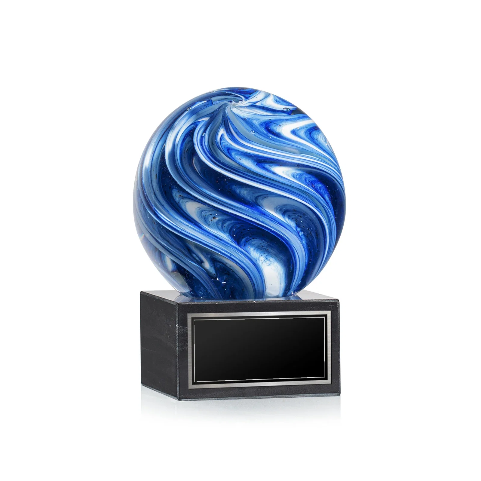 Custom Blue and White Marbled Glass Sphere Award for team milestone celebrations