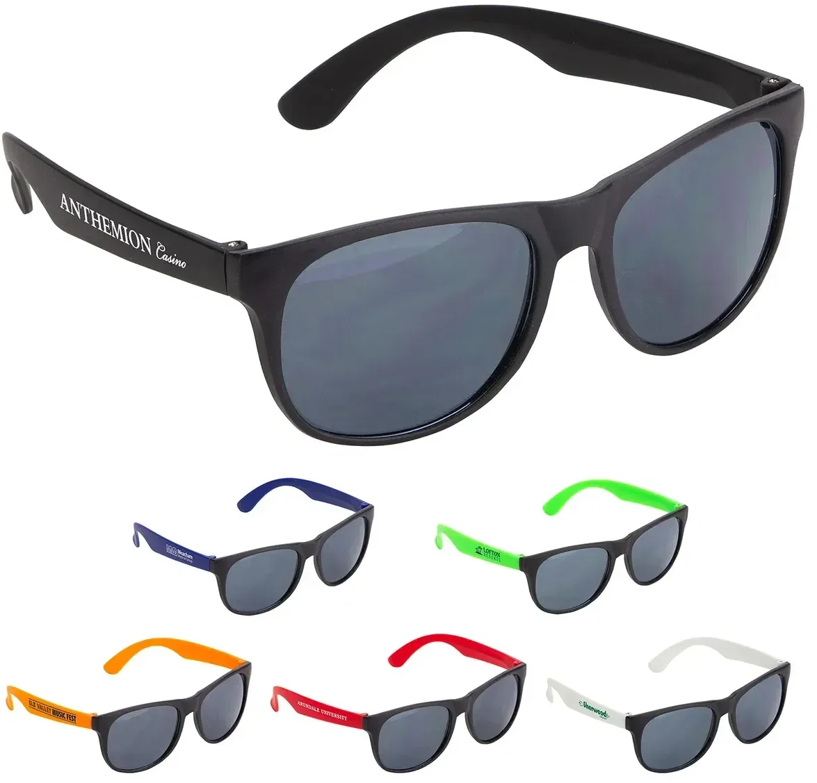 Naples custom UV400 sunglasses with branded logo temples, front view