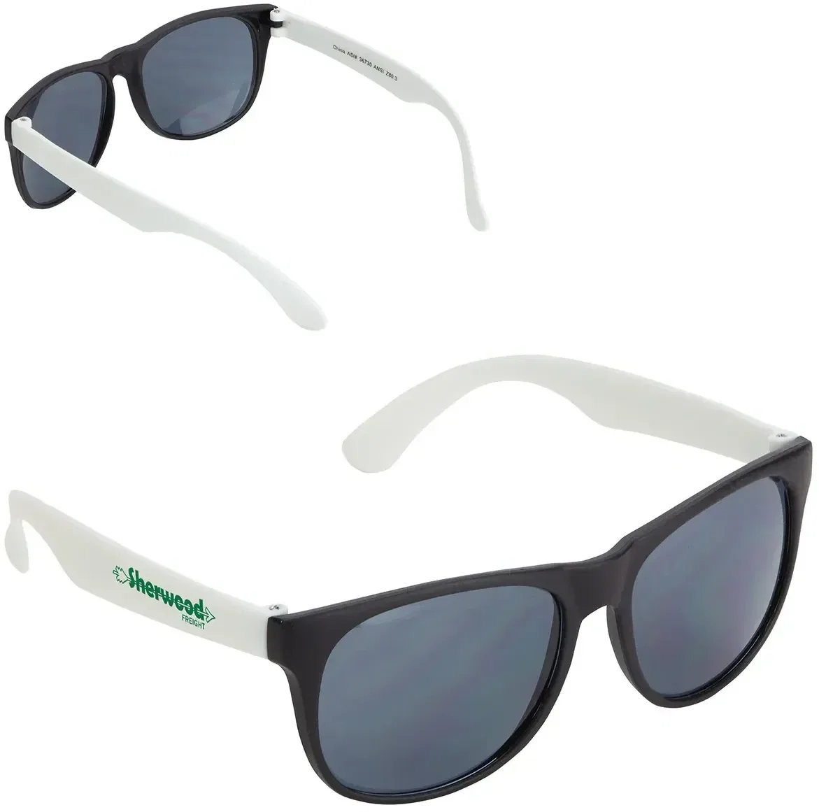 Branded promotional Naples sunglasses side profile showing logo on temple arm