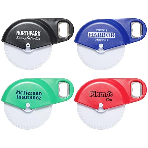 Napoli custom branded pizza cutter with bottle opener handle and logo area