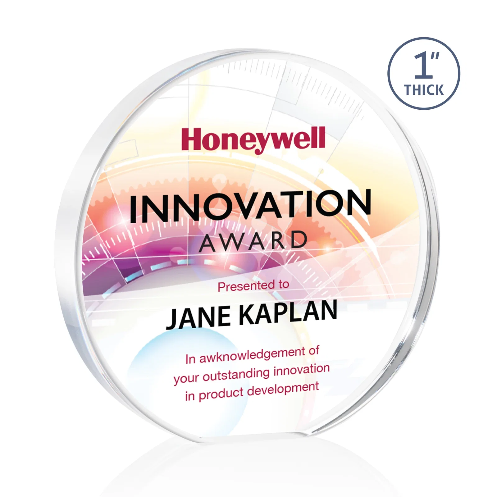 Custom One-Inch-Thick Acrylic Circle Desk Award for volunteer appreciation