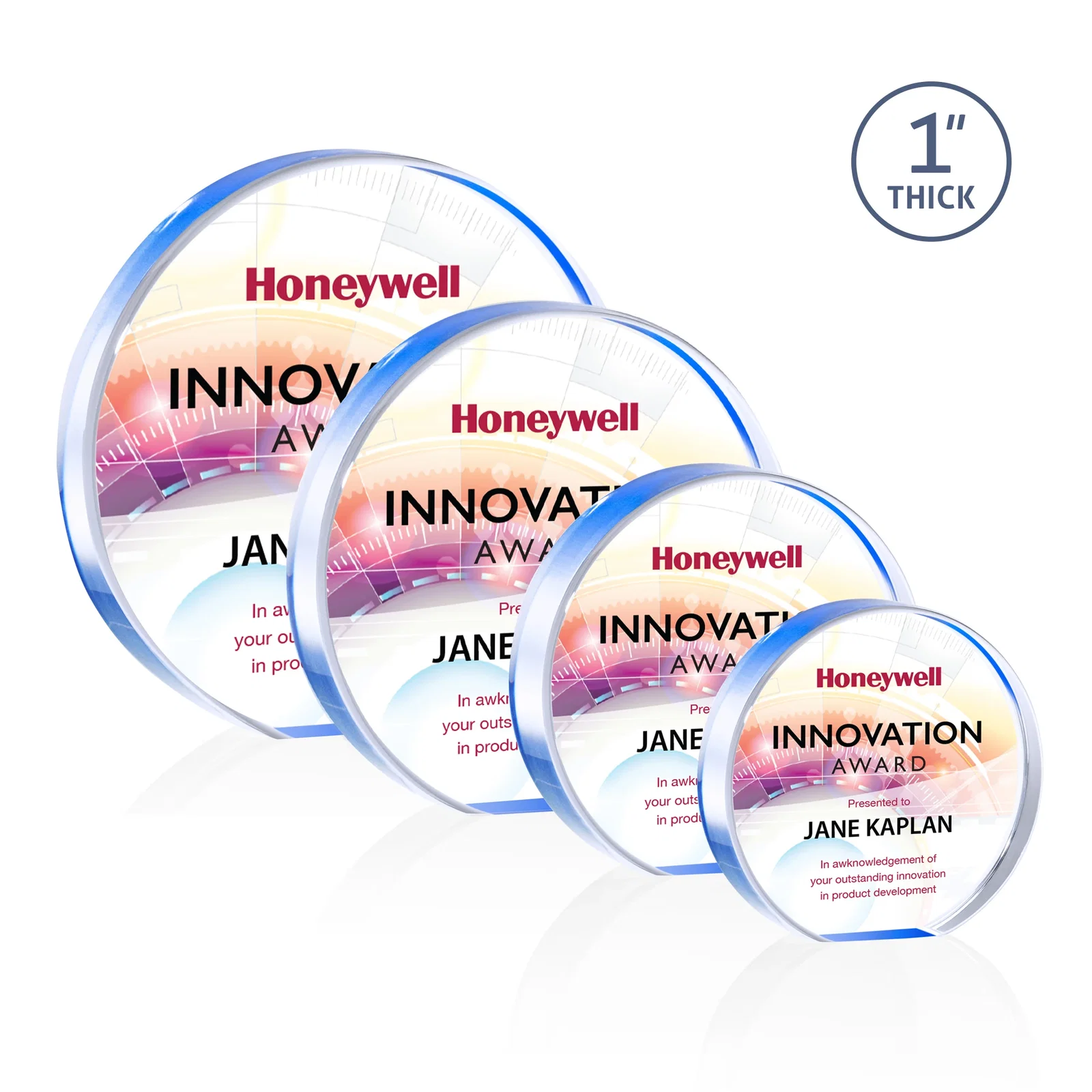 Personalized One-Inch-Thick Acrylic Circle Desk Award for sales achievement awards