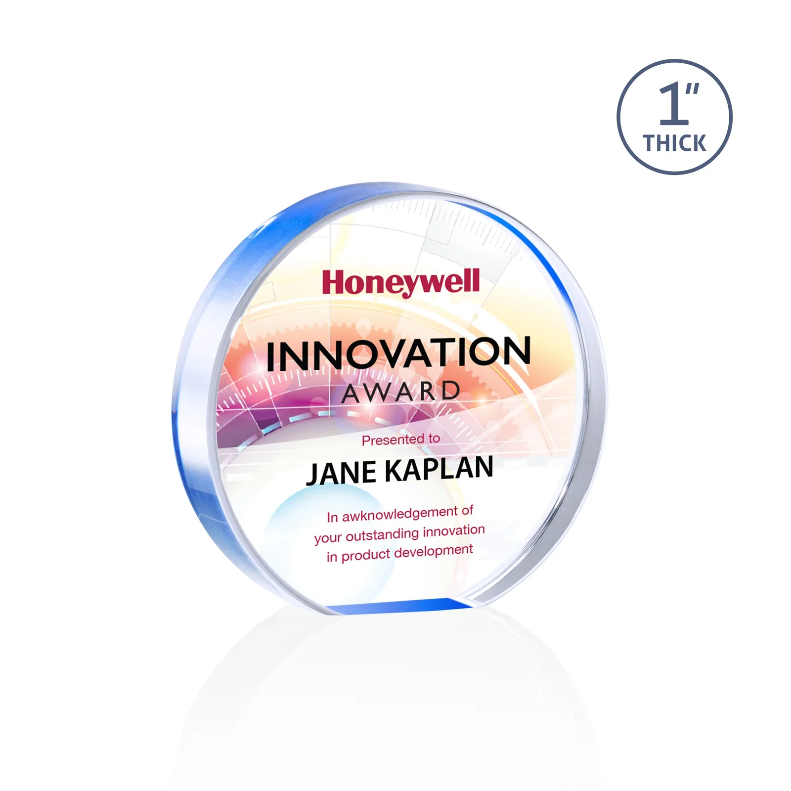 Personalized One-Inch-Thick Acrylic Circle Desk Award for retirement presentations