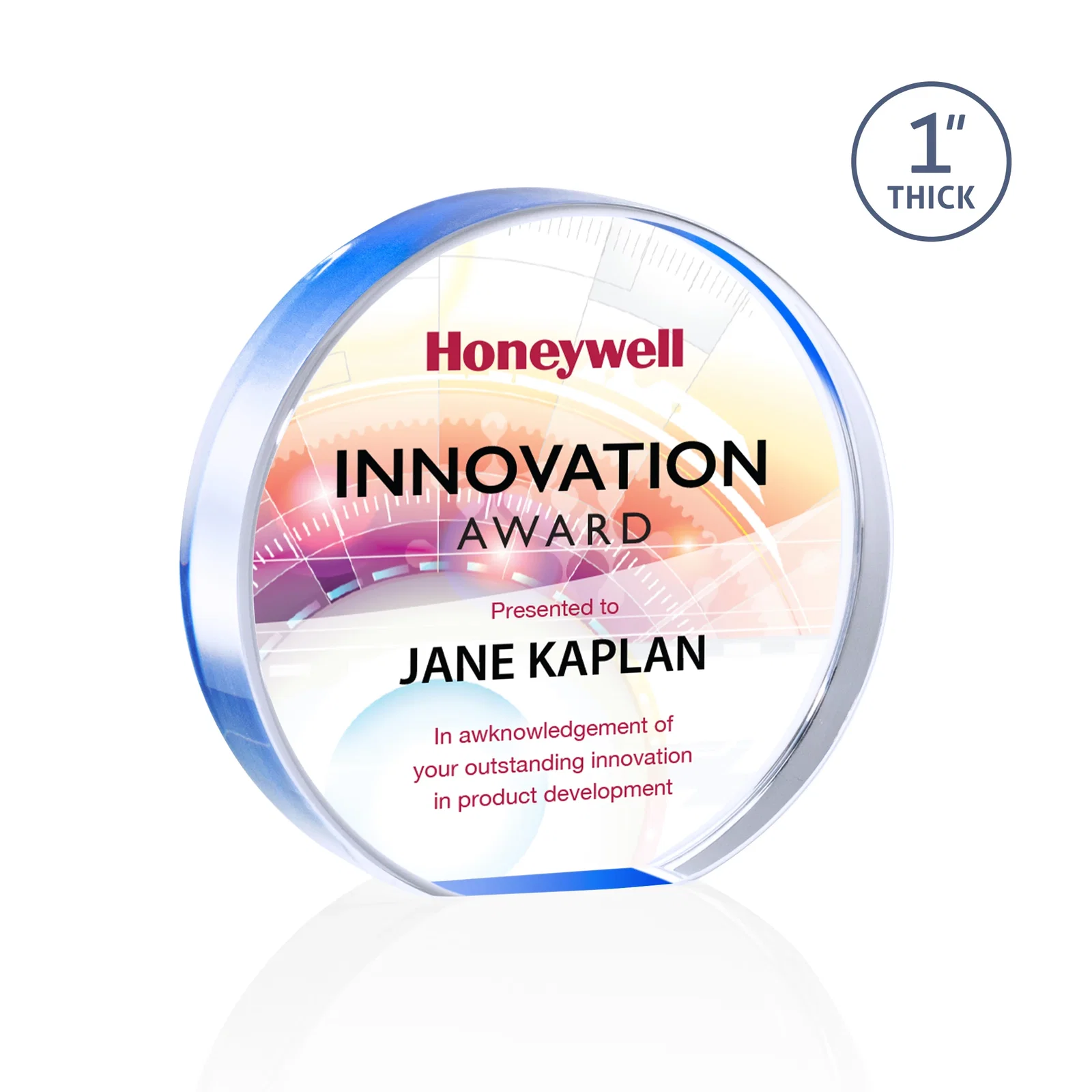 Personalized One-Inch-Thick Acrylic Circle Desk Award for team milestone celebrations