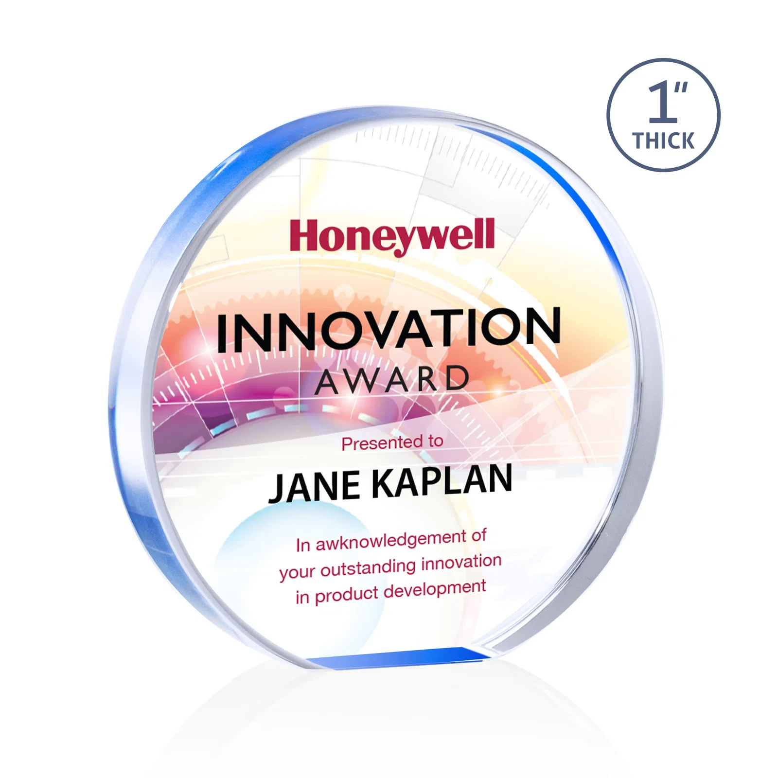 Personalized One-Inch-Thick Acrylic Circle Desk Award for donor appreciation