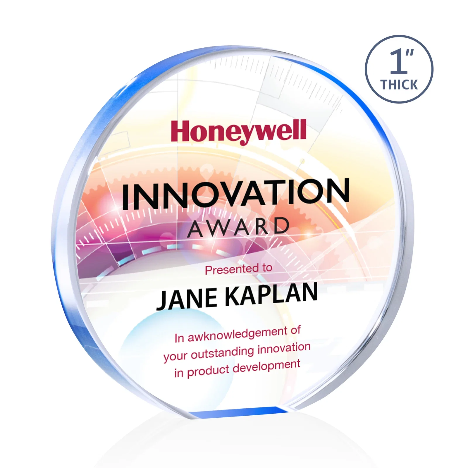 Personalized One-Inch-Thick Acrylic Circle Desk Award for graduation ceremonies
