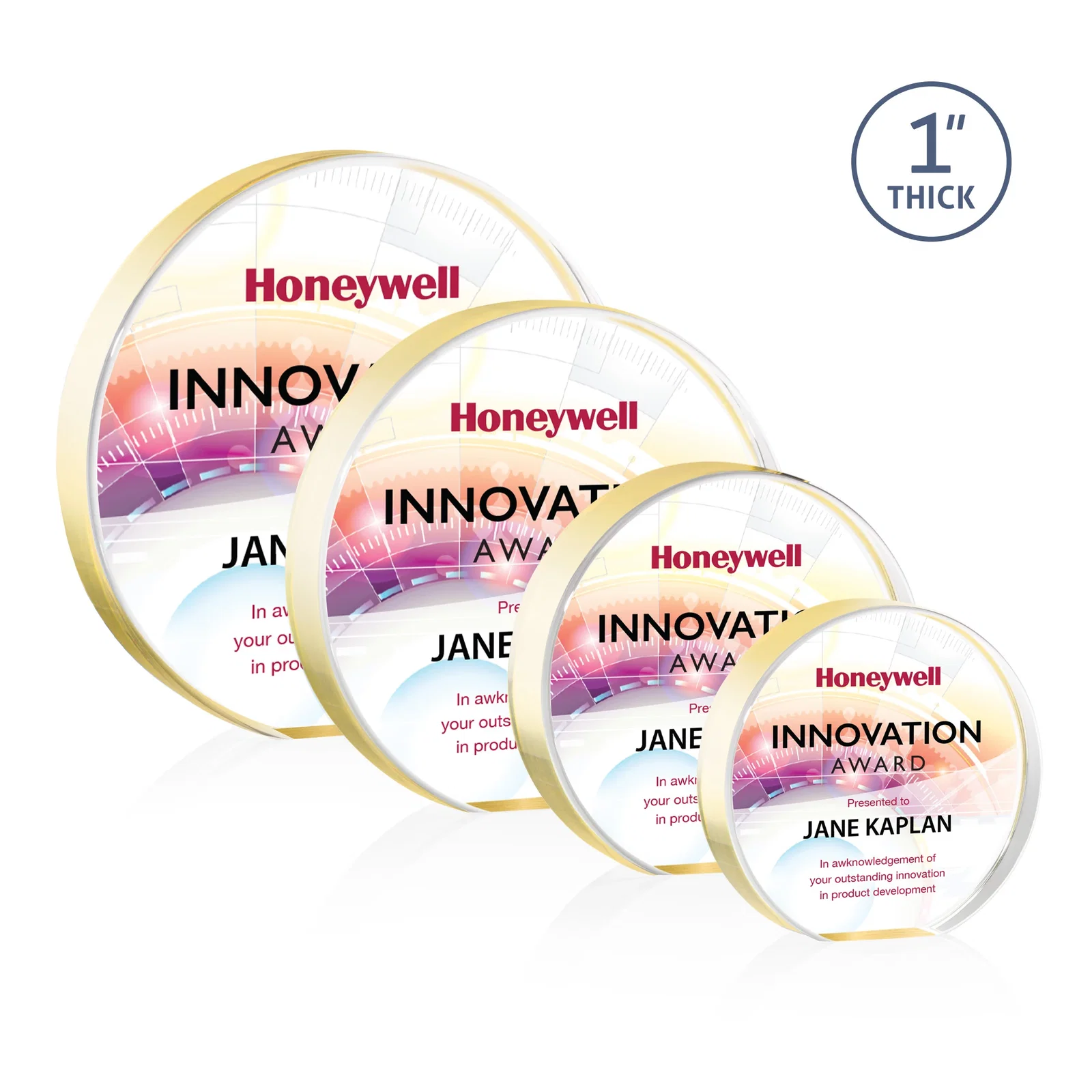 Promotional One-Inch-Thick Acrylic Circle Desk Award for corporate award ceremonies