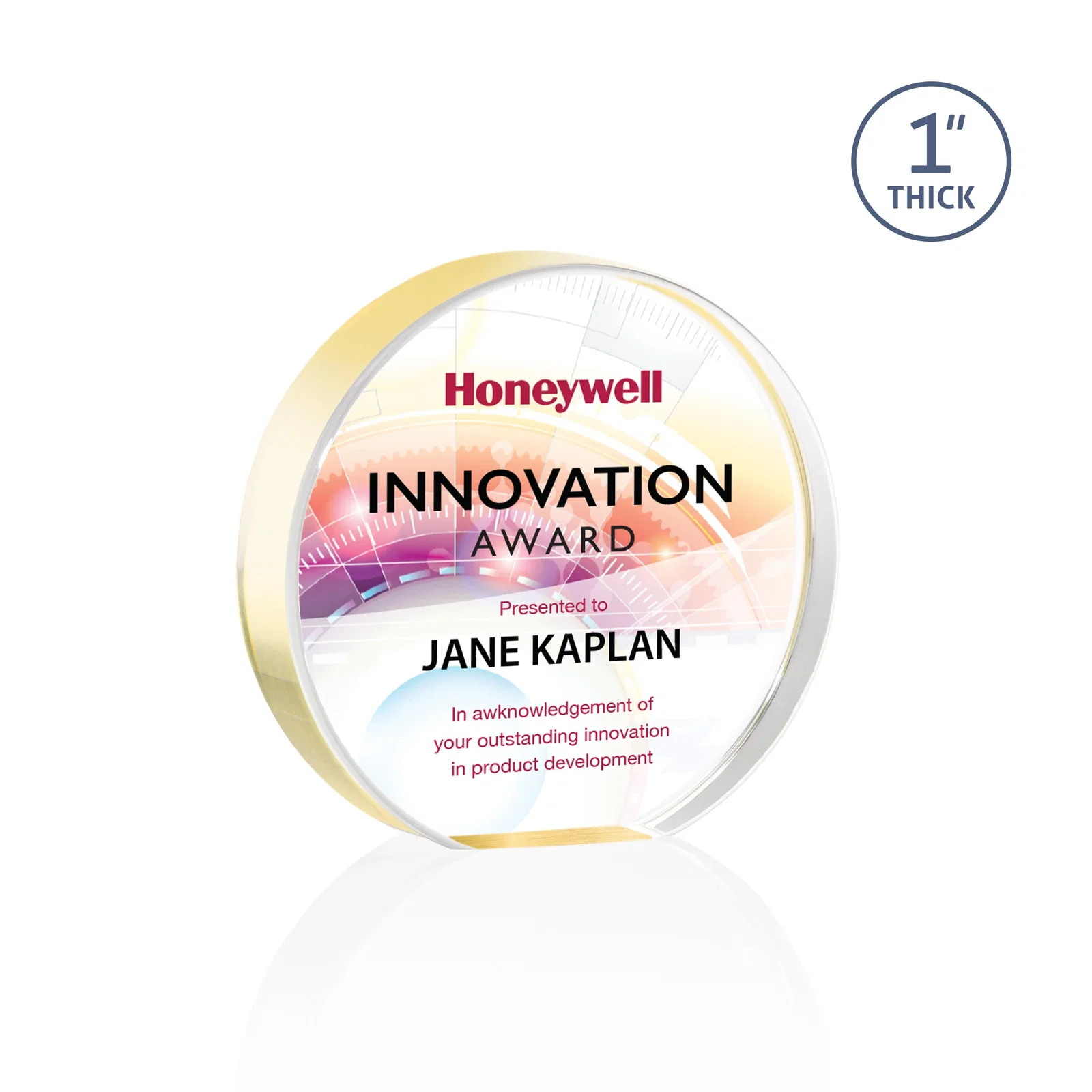 Promotional One-Inch-Thick Acrylic Circle Desk Award for service anniversary gifts