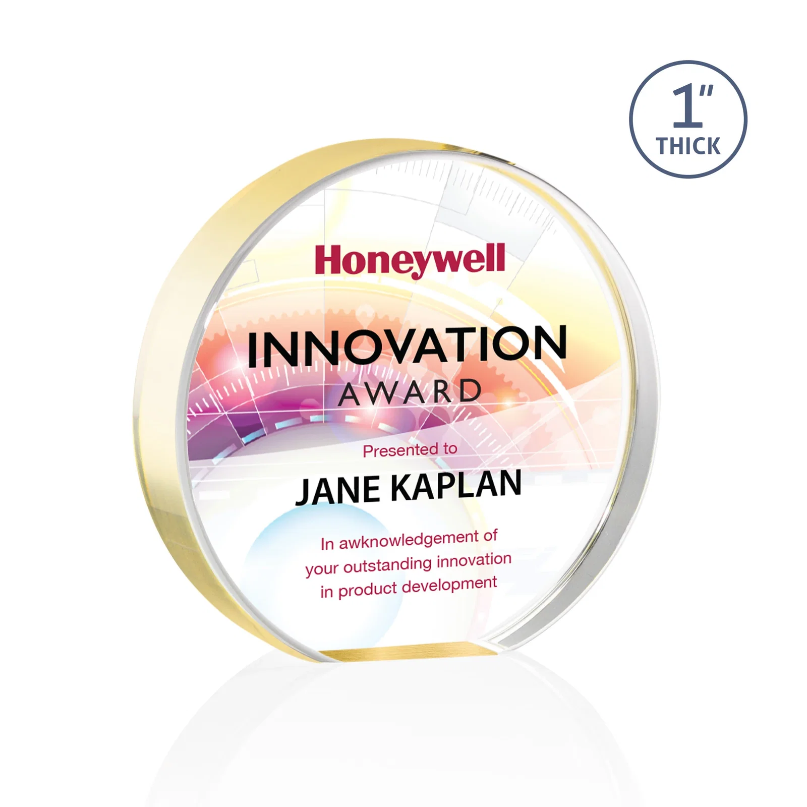 Promotional One-Inch-Thick Acrylic Circle Desk Award for sales achievement awards