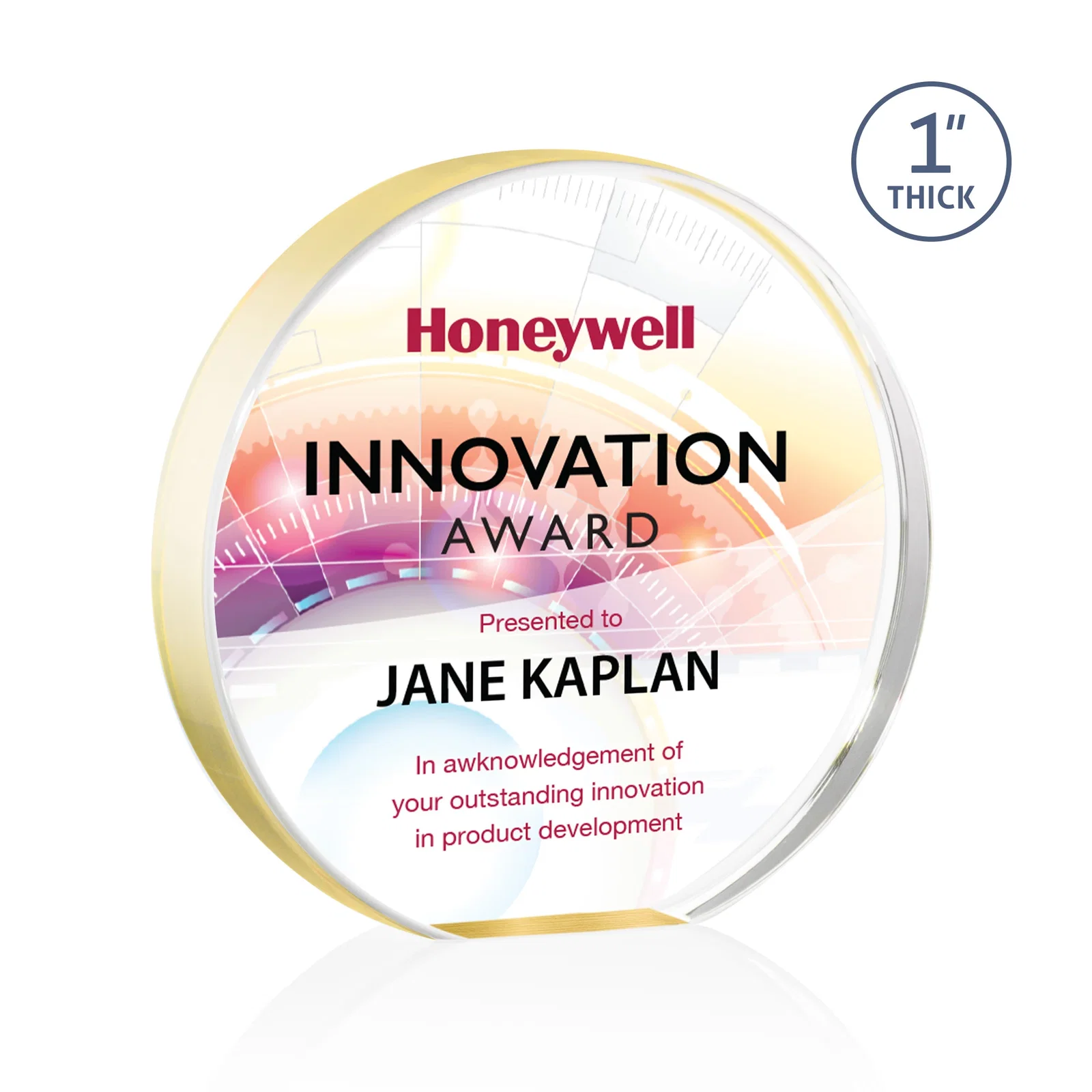 Promotional One-Inch-Thick Acrylic Circle Desk Award for retirement presentations