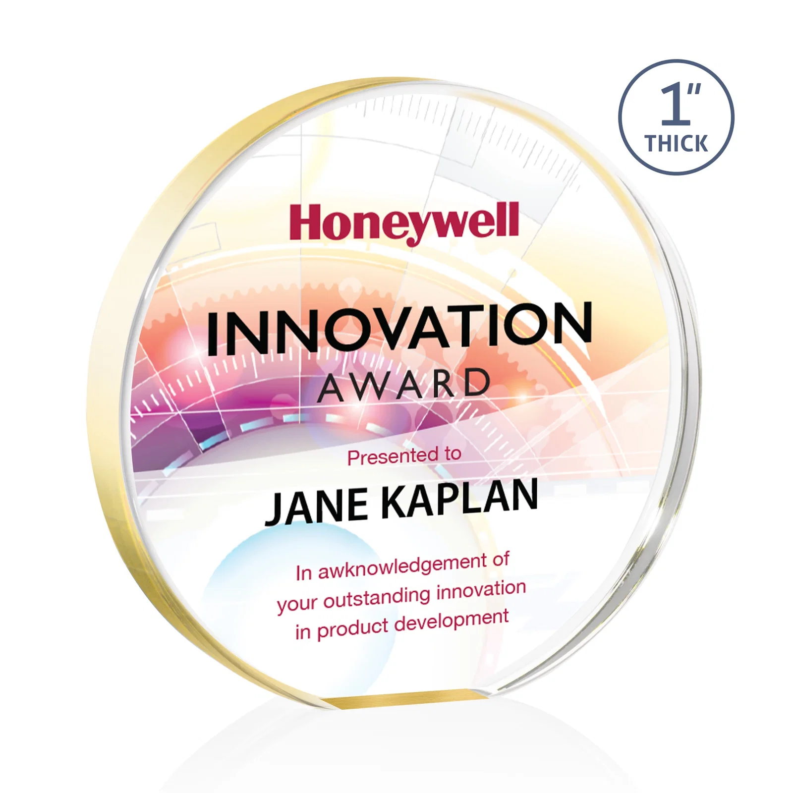 Promotional One-Inch-Thick Acrylic Circle Desk Award for team milestone celebrations