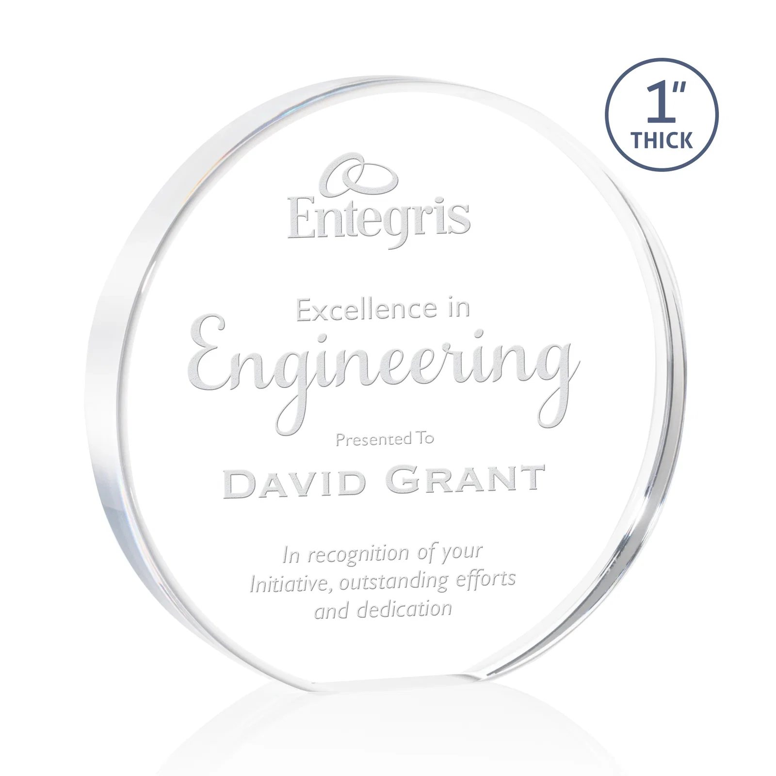 Custom One-Inch-Thick Acrylic Circle Desk Award for retirement presentations