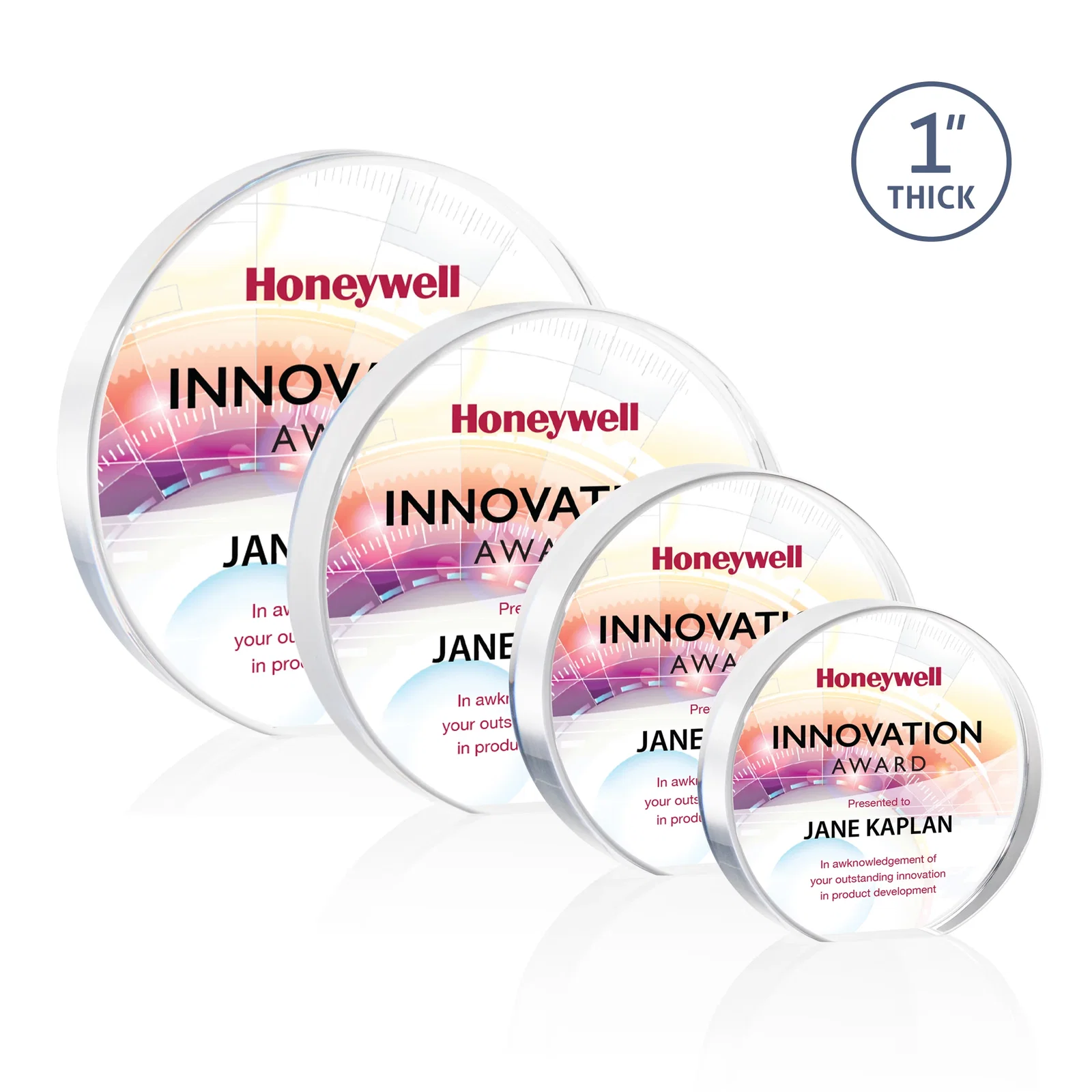 Custom One-Inch-Thick Acrylic Circle Desk Award for team milestone celebrations