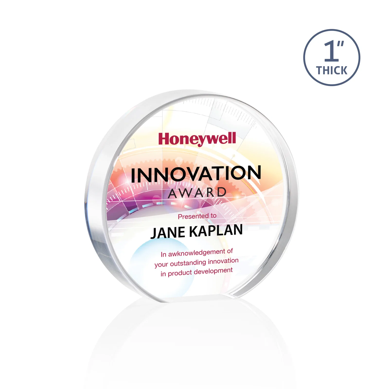 Custom One-Inch-Thick Acrylic Circle Desk Award for donor appreciation