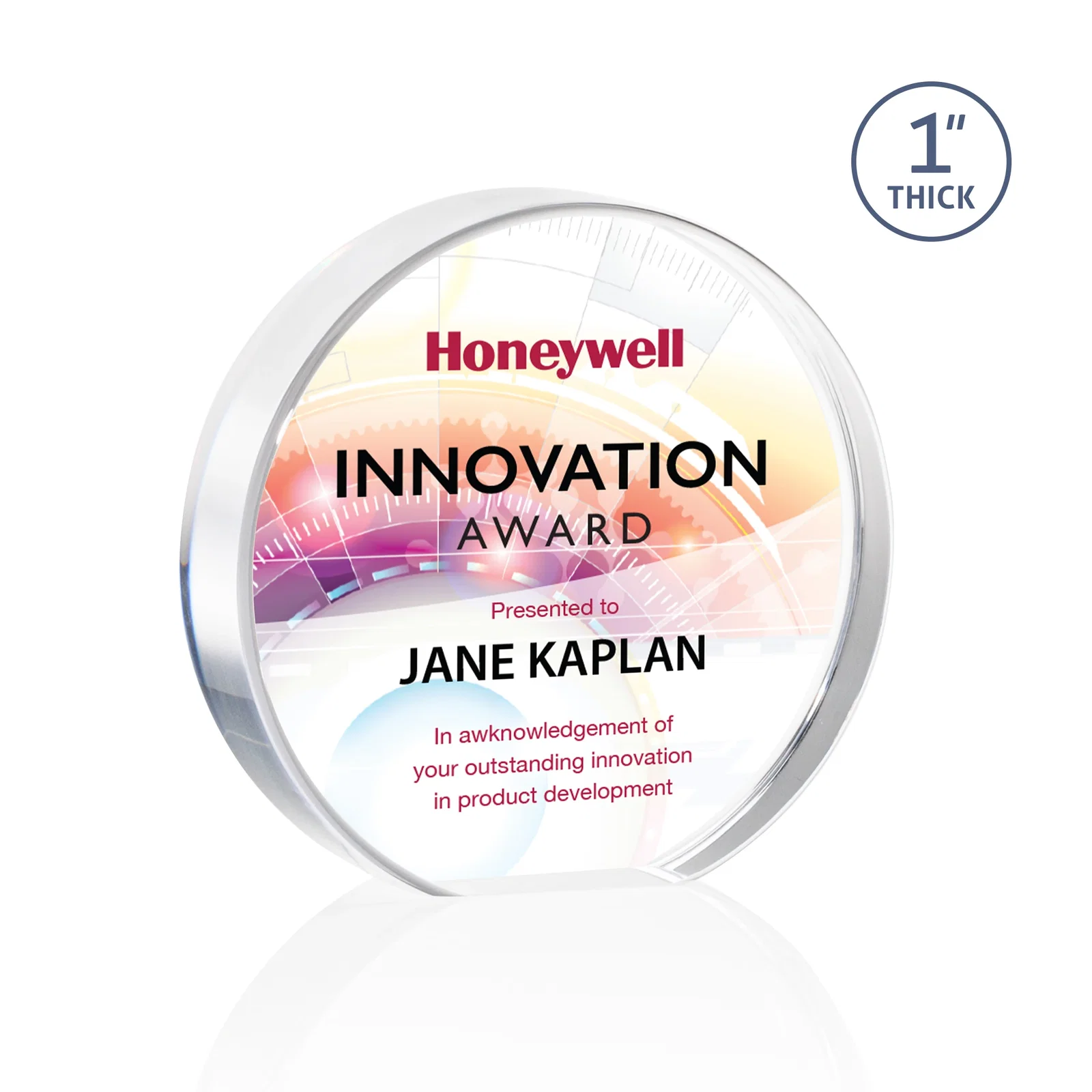 Custom One-Inch-Thick Acrylic Circle Desk Award for graduation ceremonies