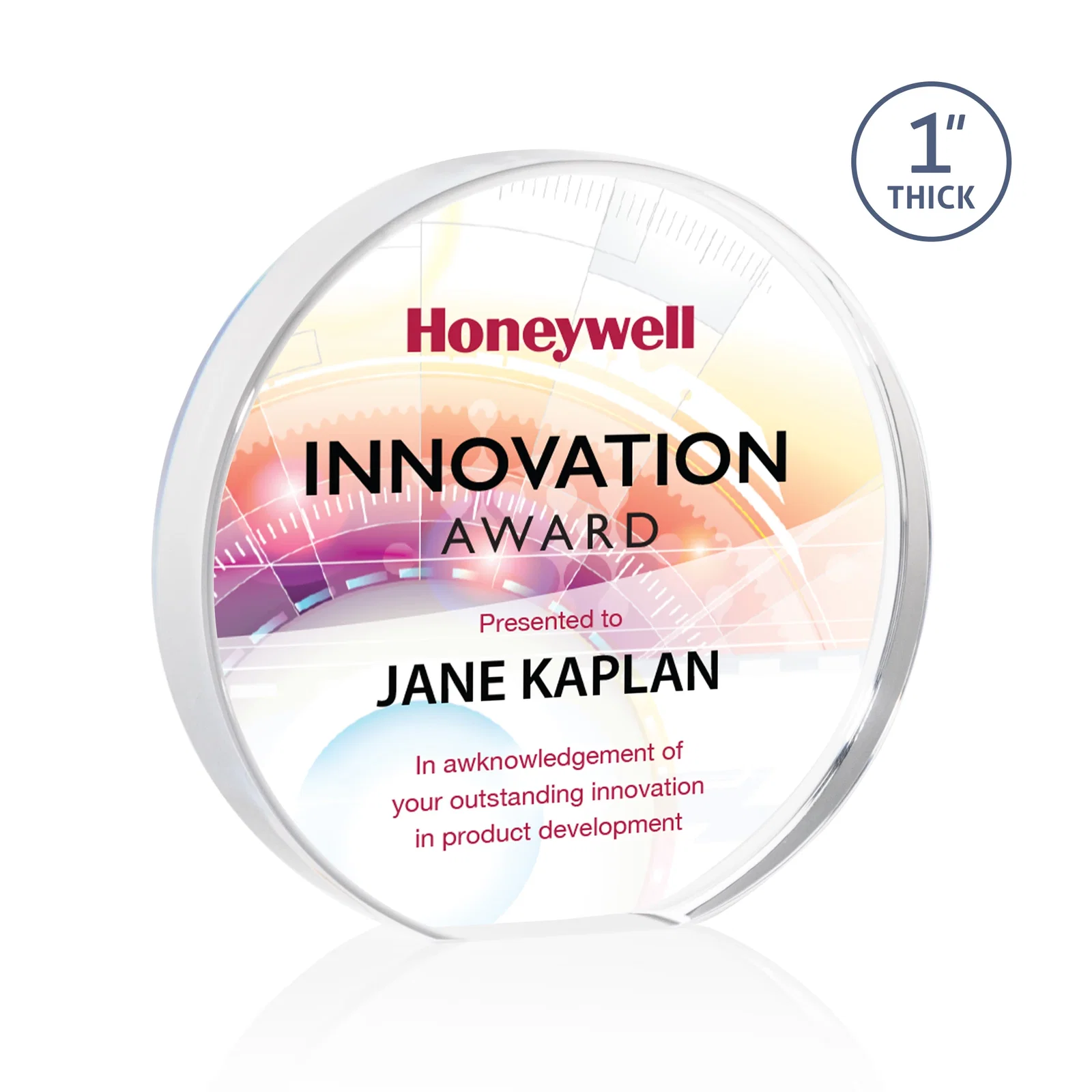 Custom One-Inch-Thick Acrylic Circle Desk Award for safety achievement programs