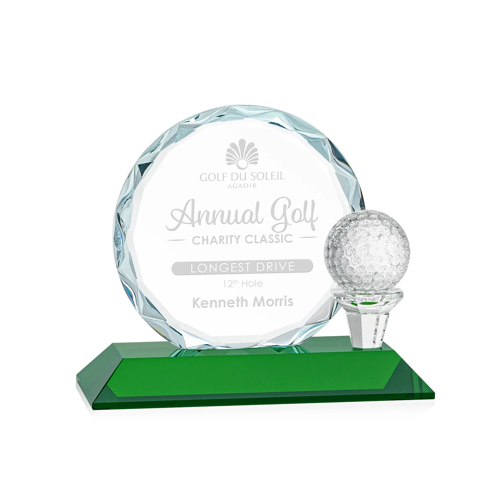 Custom Optical Crystal Circle Golf Award with Detachable Golf Ball for volunteer appreciation