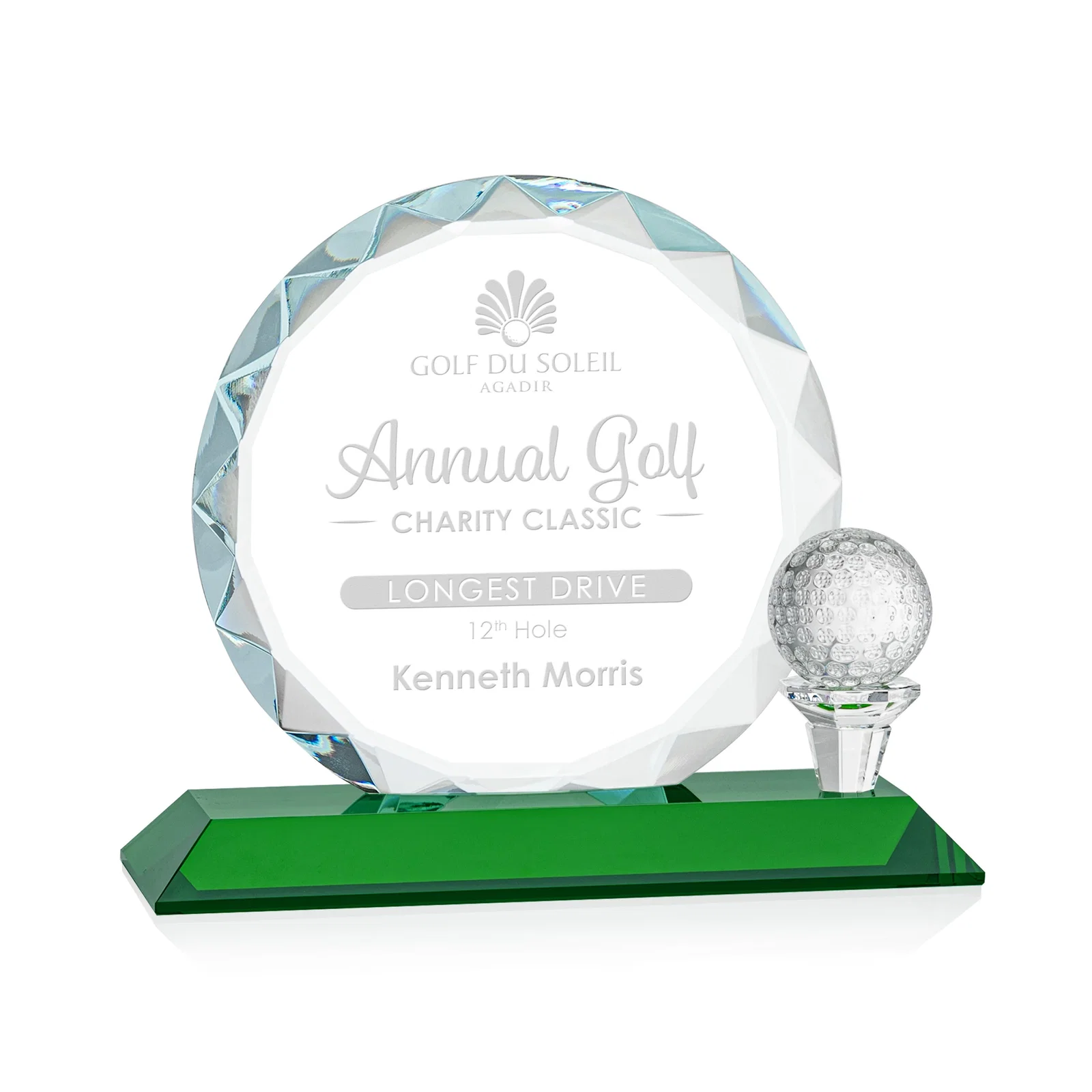 Custom Optical Crystal Circle Golf Award with Detachable Golf Ball for dealer and partner awards