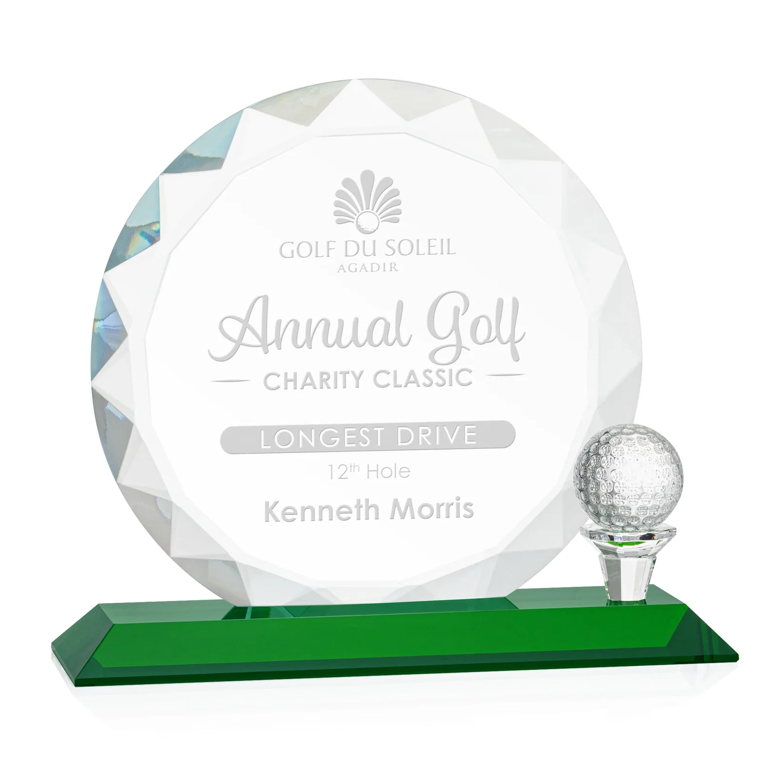 Personalized Optical Crystal Circle Golf Award with Detachable Golf Ball for employee recognition
