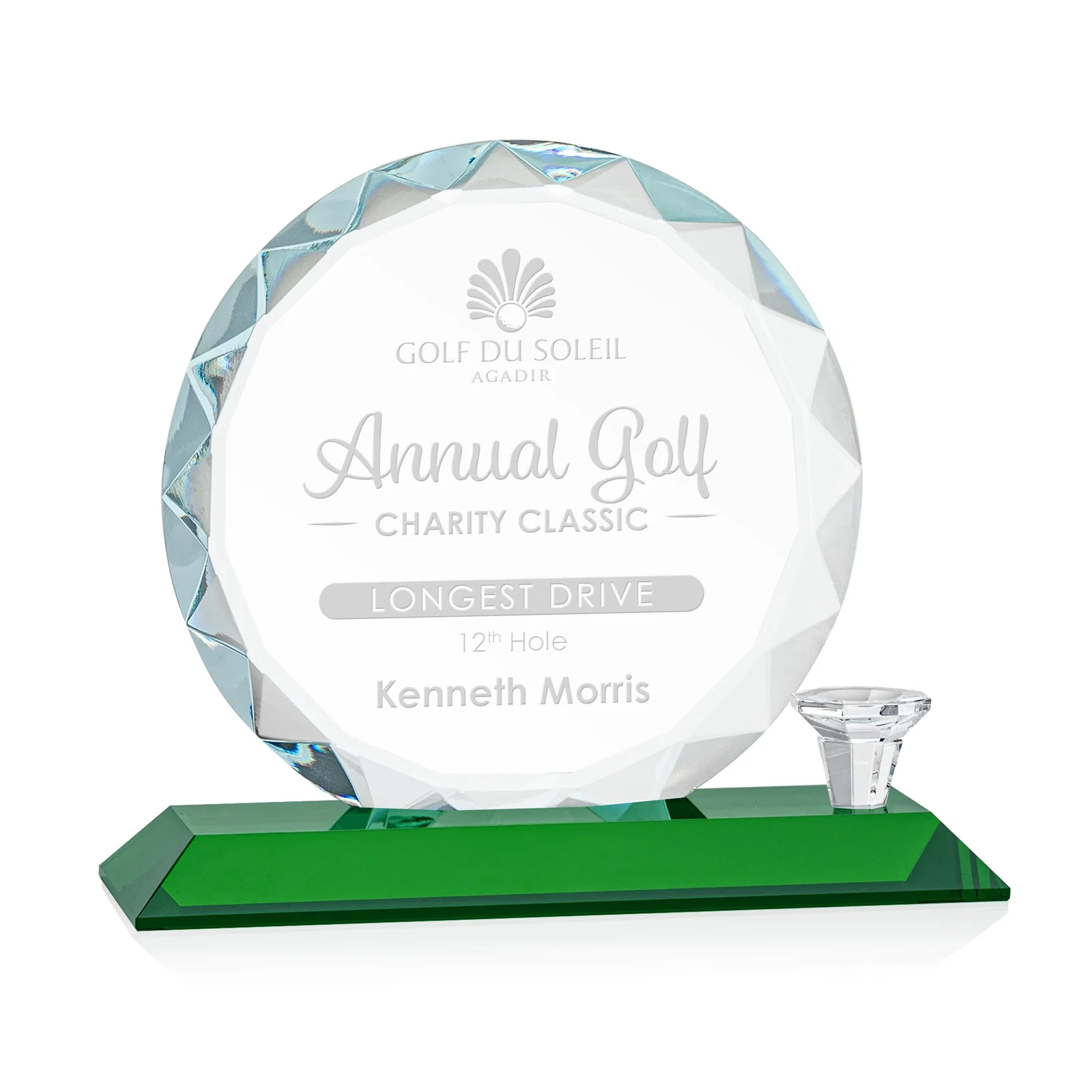 Personalized Optical Crystal Circle Golf Award with Detachable Golf Ball for sales achievement awards