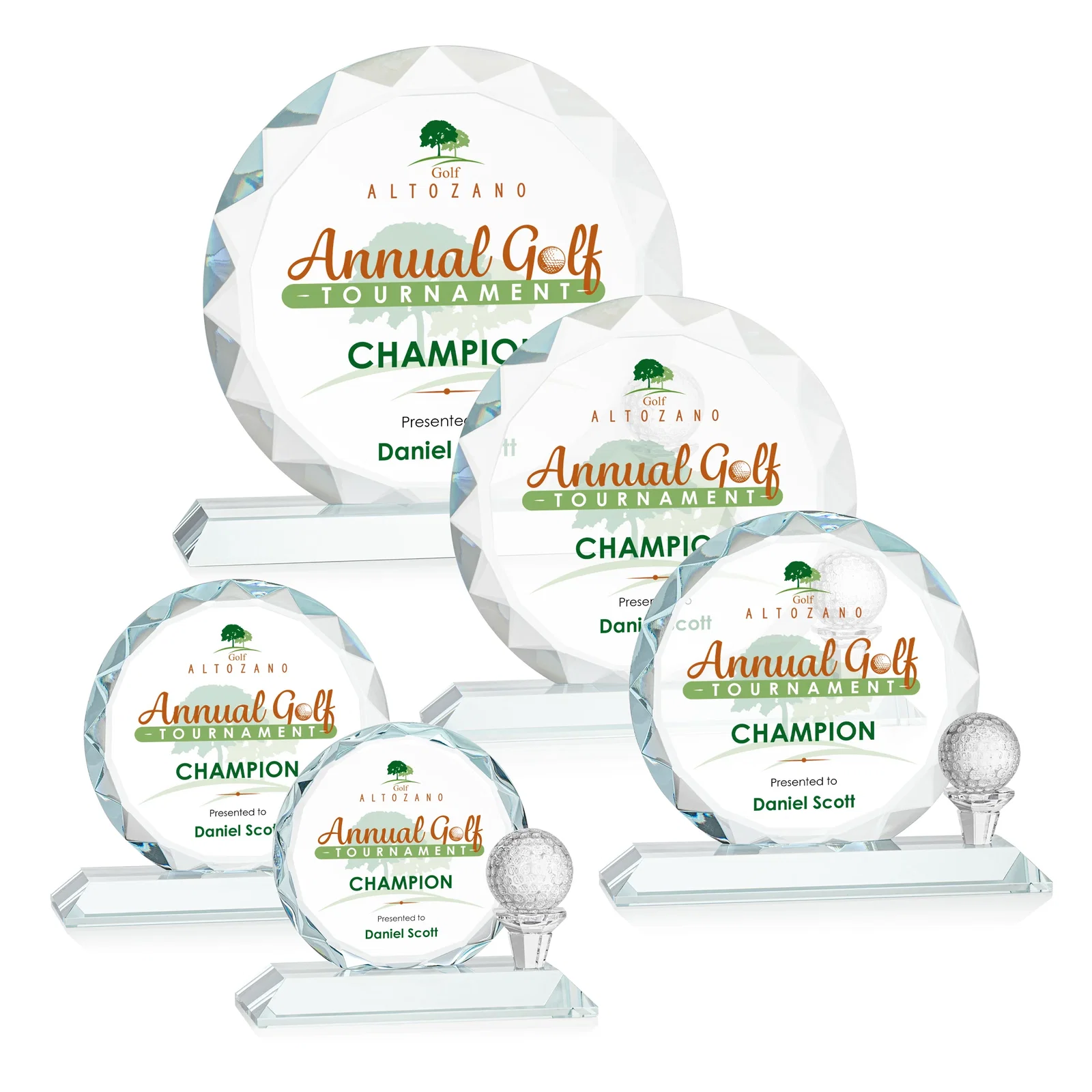 Personalized Optical Crystal Circle Golf Award with Detachable Golf Ball for retirement presentations