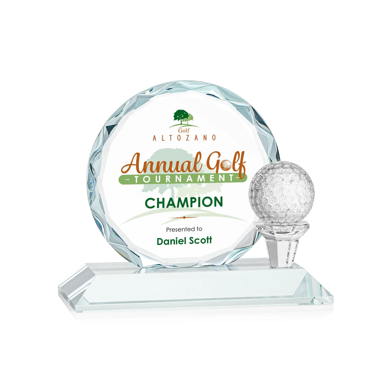 Personalized Optical Crystal Circle Golf Award with Detachable Golf Ball for team milestone celebrations