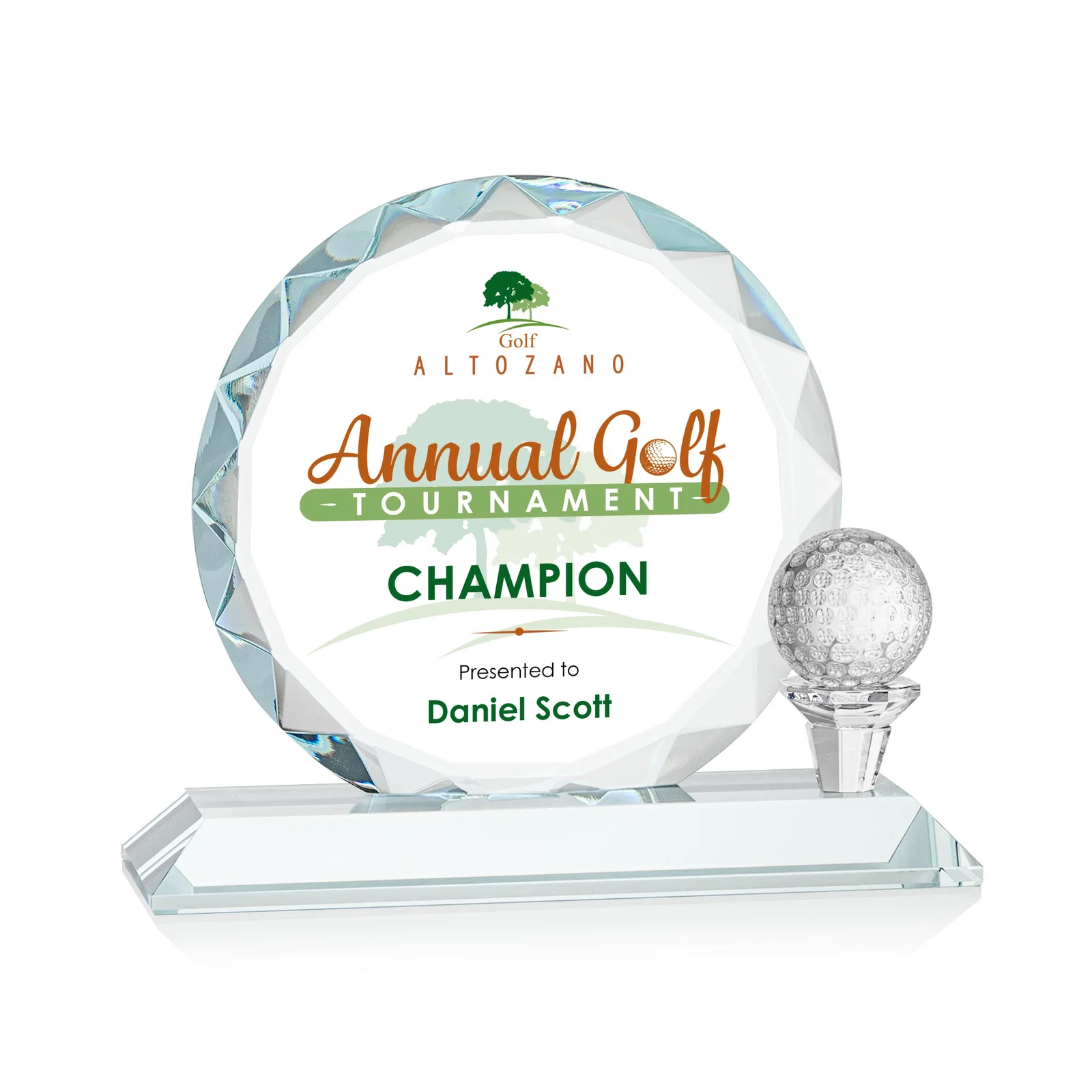 Personalized Optical Crystal Circle Golf Award with Detachable Golf Ball for donor appreciation