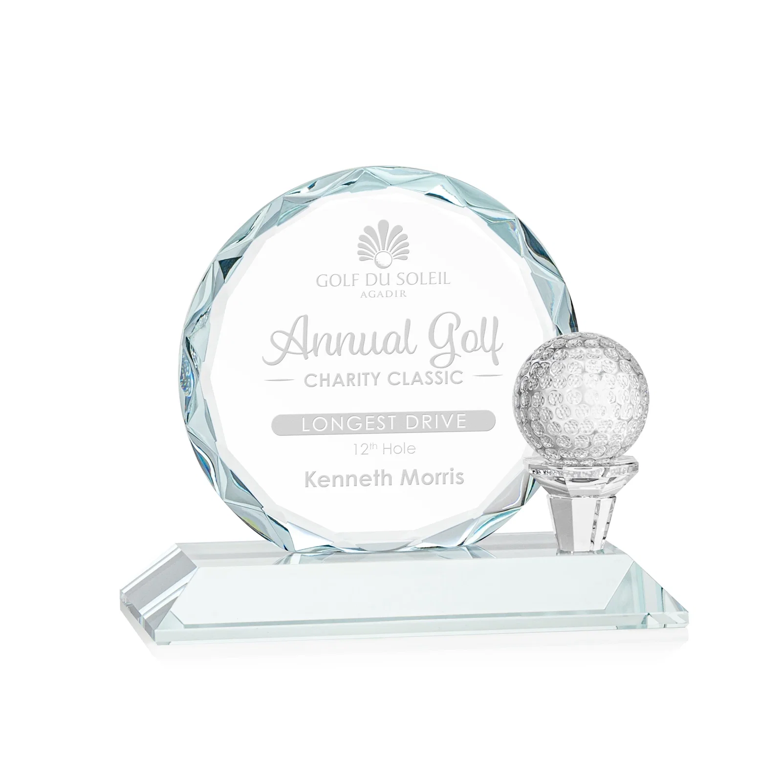 Custom Optical Crystal Circle Golf Award with Detachable Golf Ball for corporate award ceremonies
