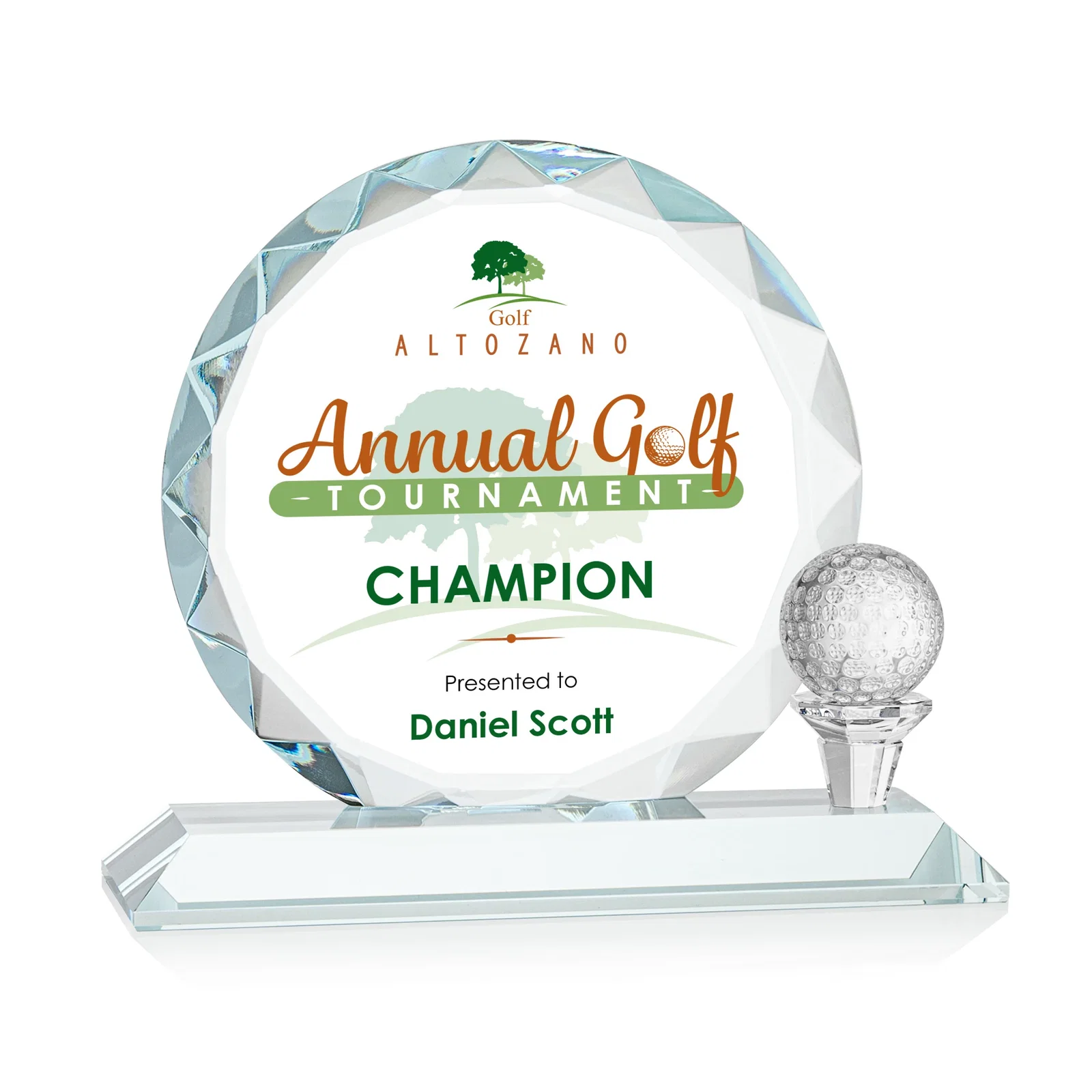 Personalized Optical Crystal Circle Golf Award with Detachable Golf Ball for graduation ceremonies