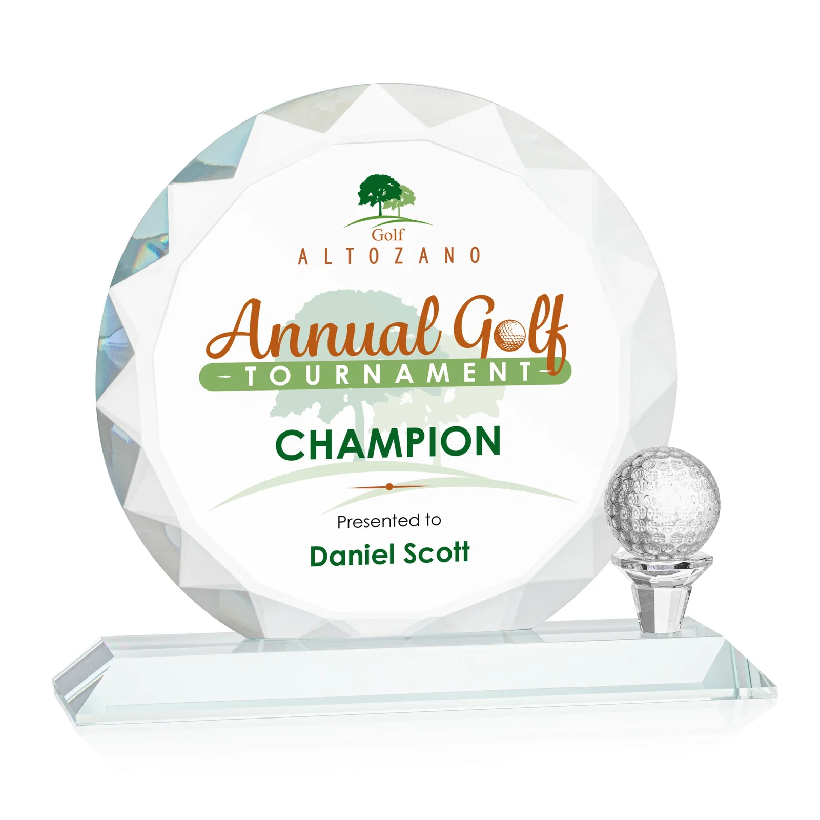 Personalized Optical Crystal Circle Golf Award with Detachable Golf Ball for safety achievement programs