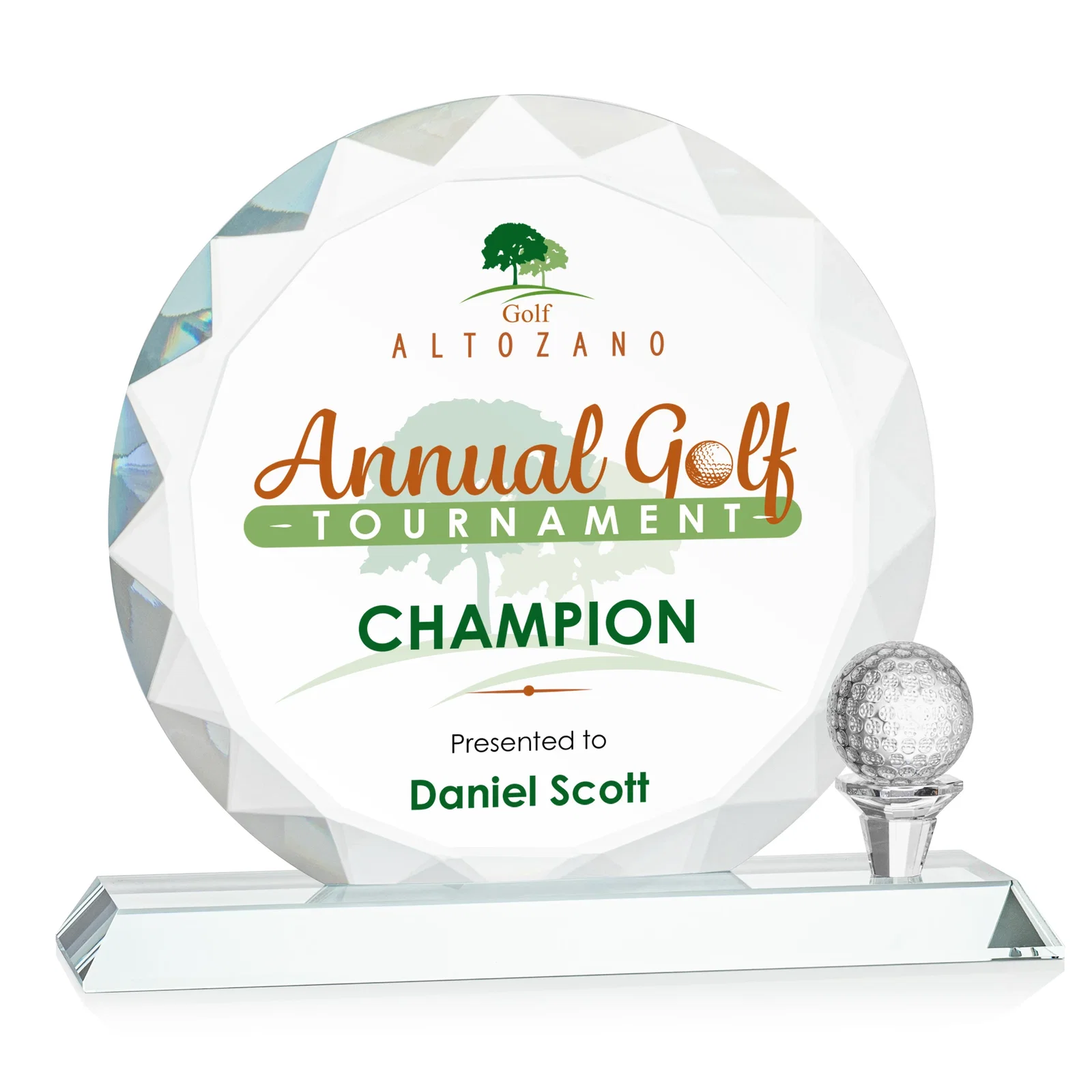 Personalized Optical Crystal Circle Golf Award with Detachable Golf Ball for volunteer appreciation