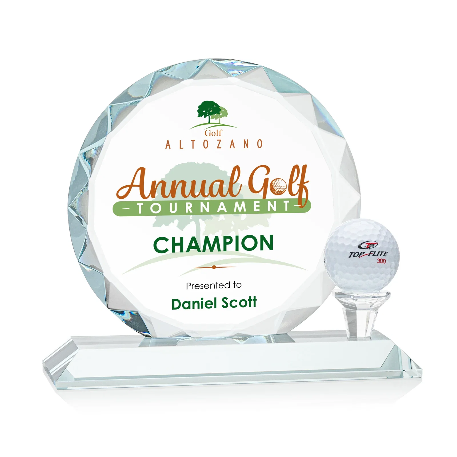 Personalized Optical Crystal Circle Golf Award with Detachable Golf Ball for dealer and partner awards