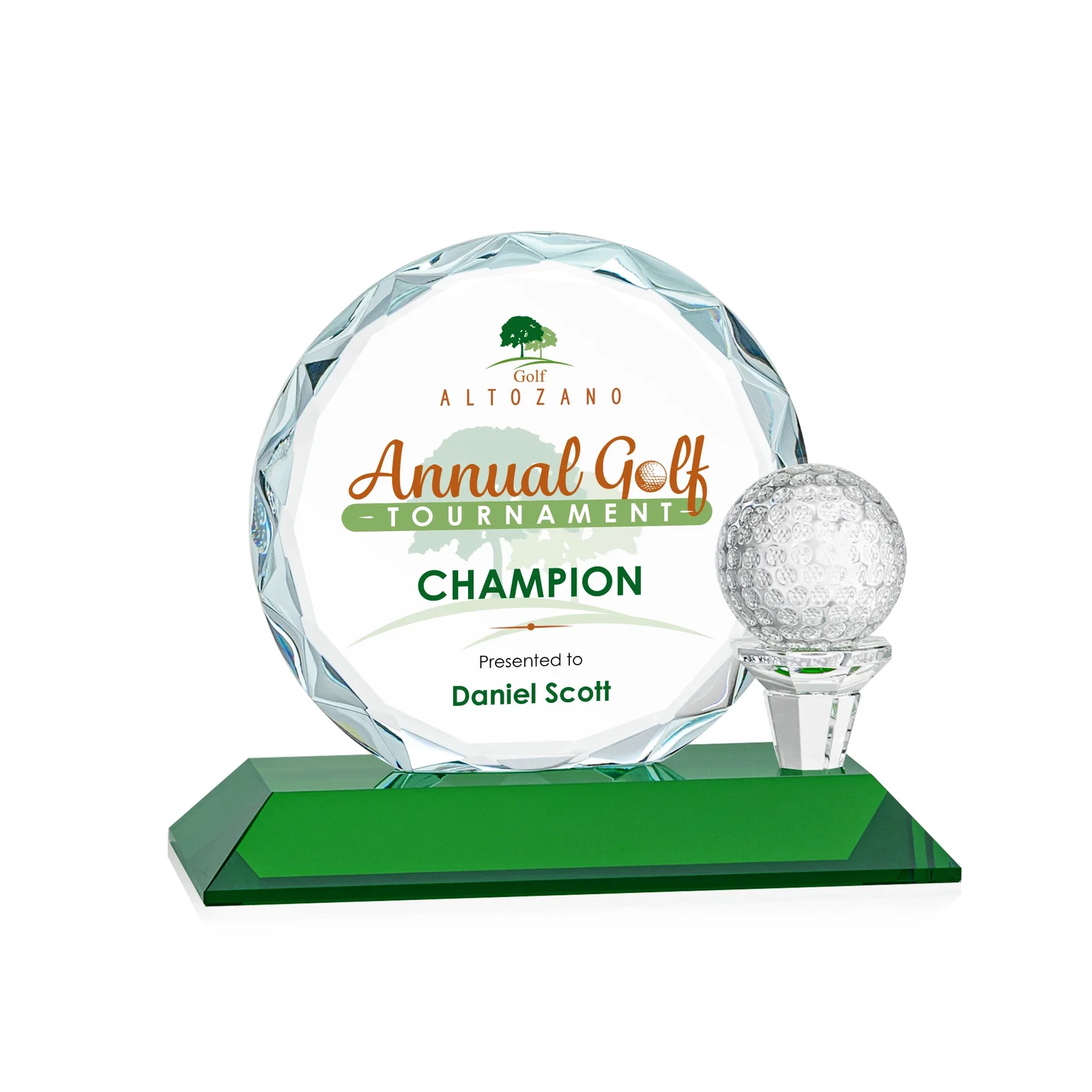Promotional Optical Crystal Circle Golf Award with Detachable Golf Ball for corporate award ceremonies