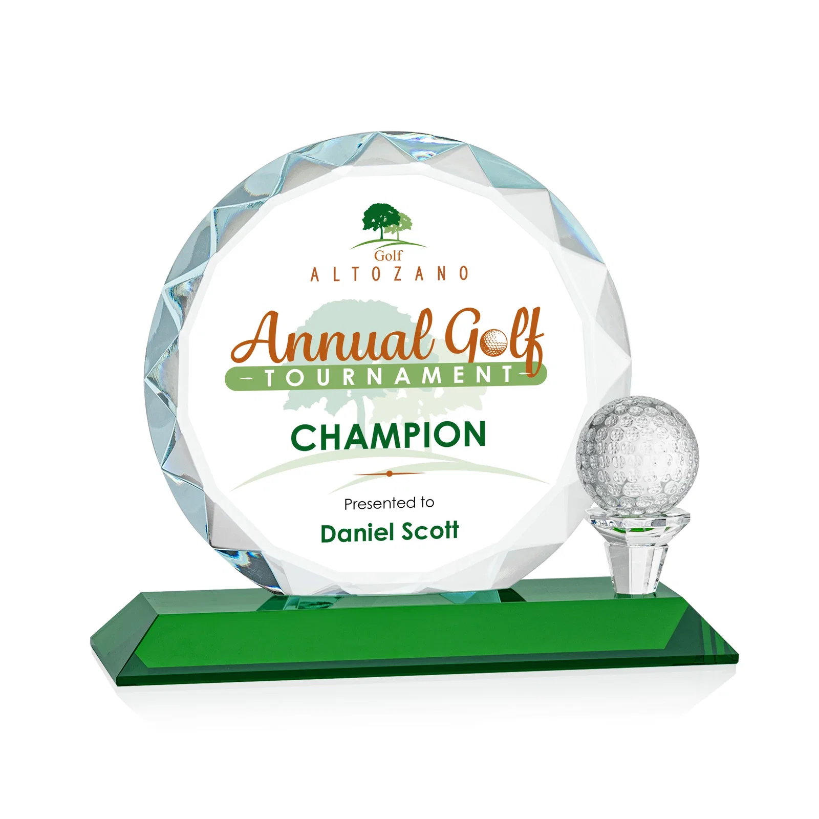 Promotional Optical Crystal Circle Golf Award with Detachable Golf Ball for service anniversary gifts